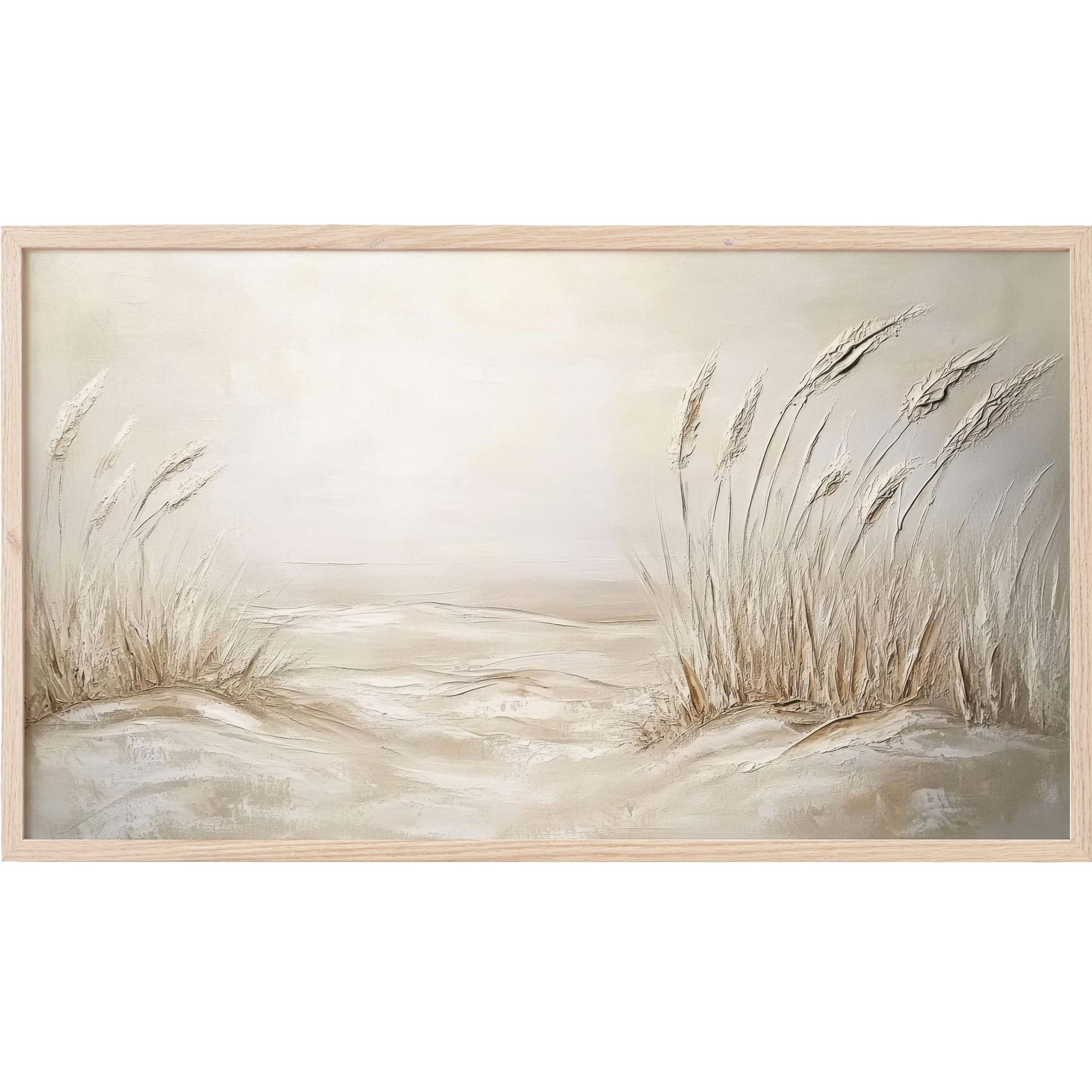 Subtle textured coastal grasses in soft beige and cream tones, a serene coastal Frame TV Art for modern spaces