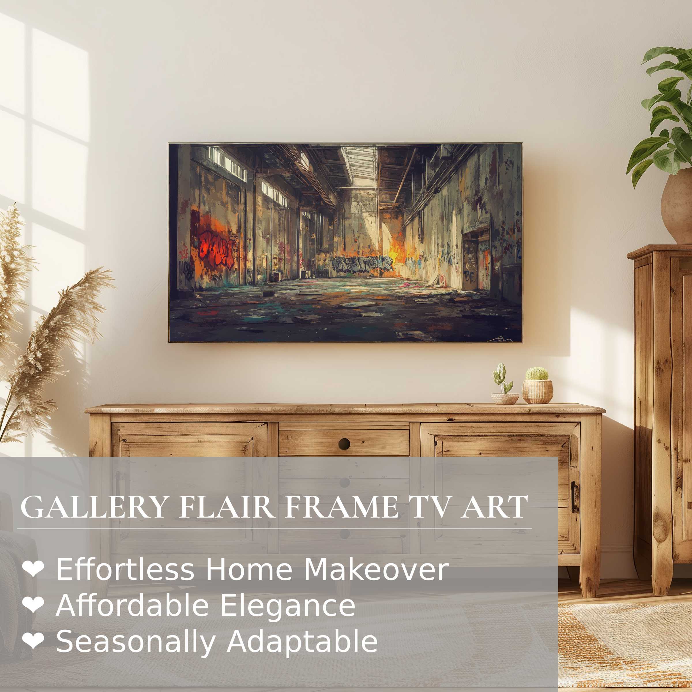 Samsung Frame TV showcasing urban digital artwork of textured graffiti in a refined, sunlit modern living space
