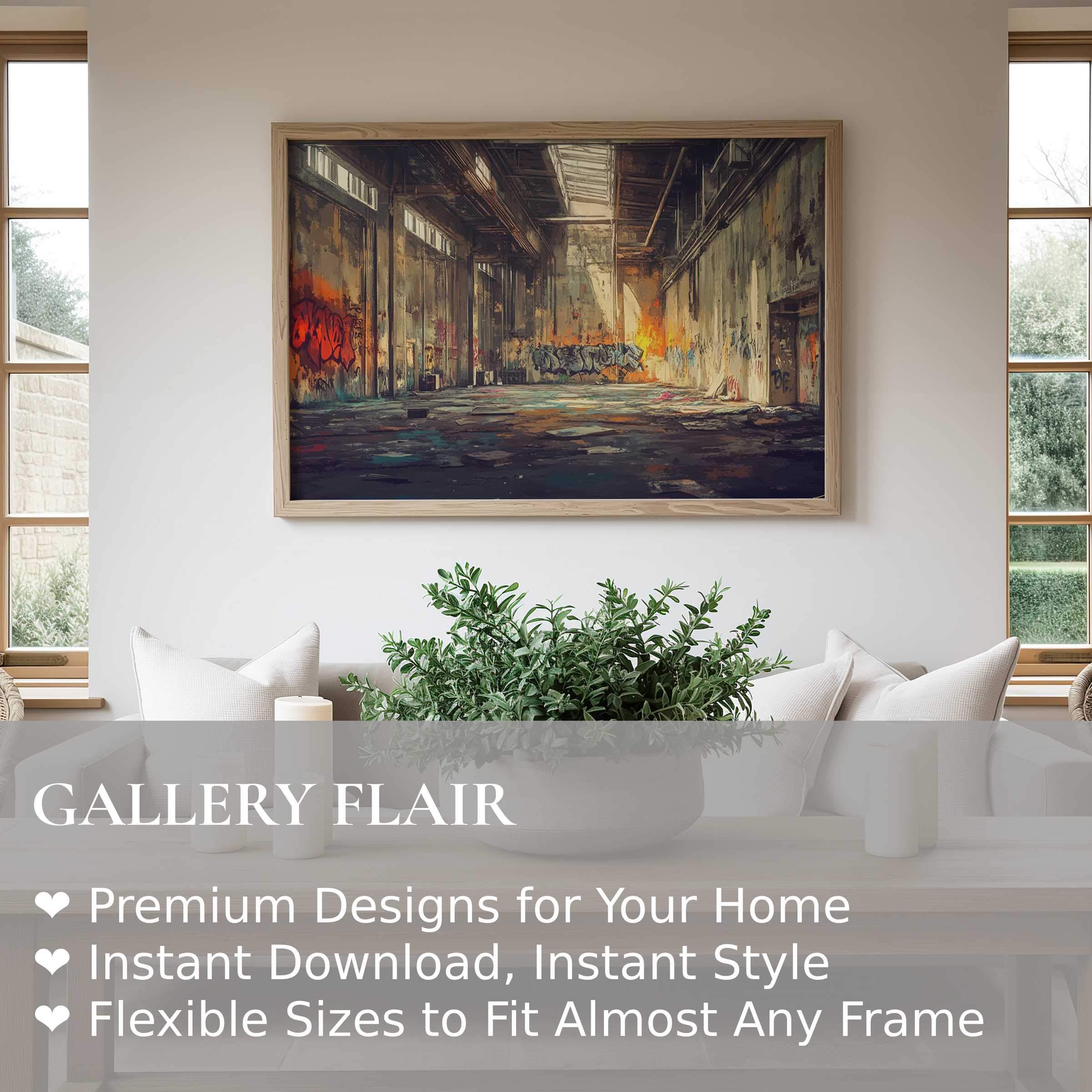 Urban art wall art print featuring a bold, textured abandoned warehouse scene that enriches modern minimalist interiors with edgy industrial charm