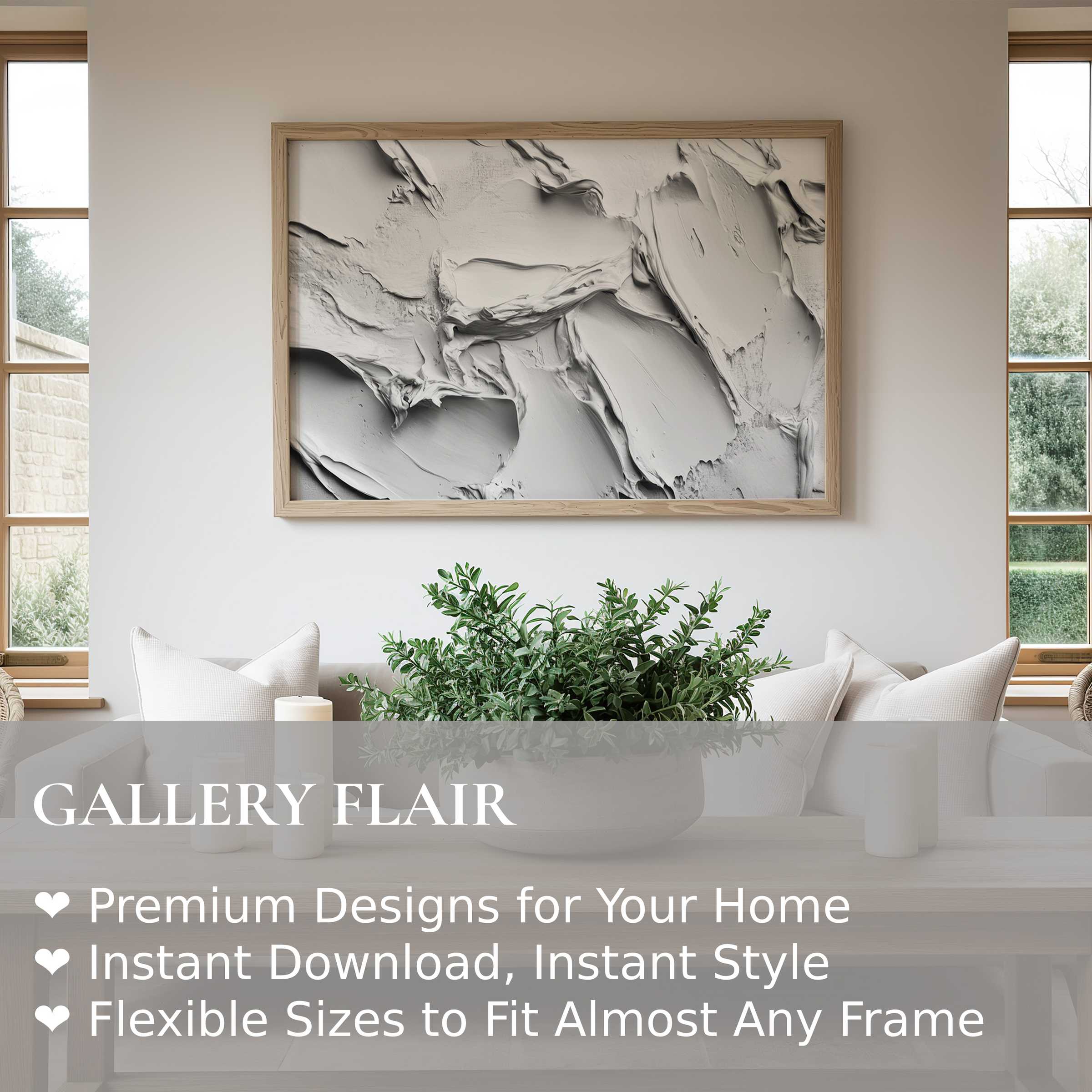 Neutral wall art print featuring soft, textured abstract strokes in a serene, minimalist living room Radiant and calming, it enhances modern organic interiors with subtle depth and refined elegance Perfect for style-conscious decor lovers seeking contemporary sophistication