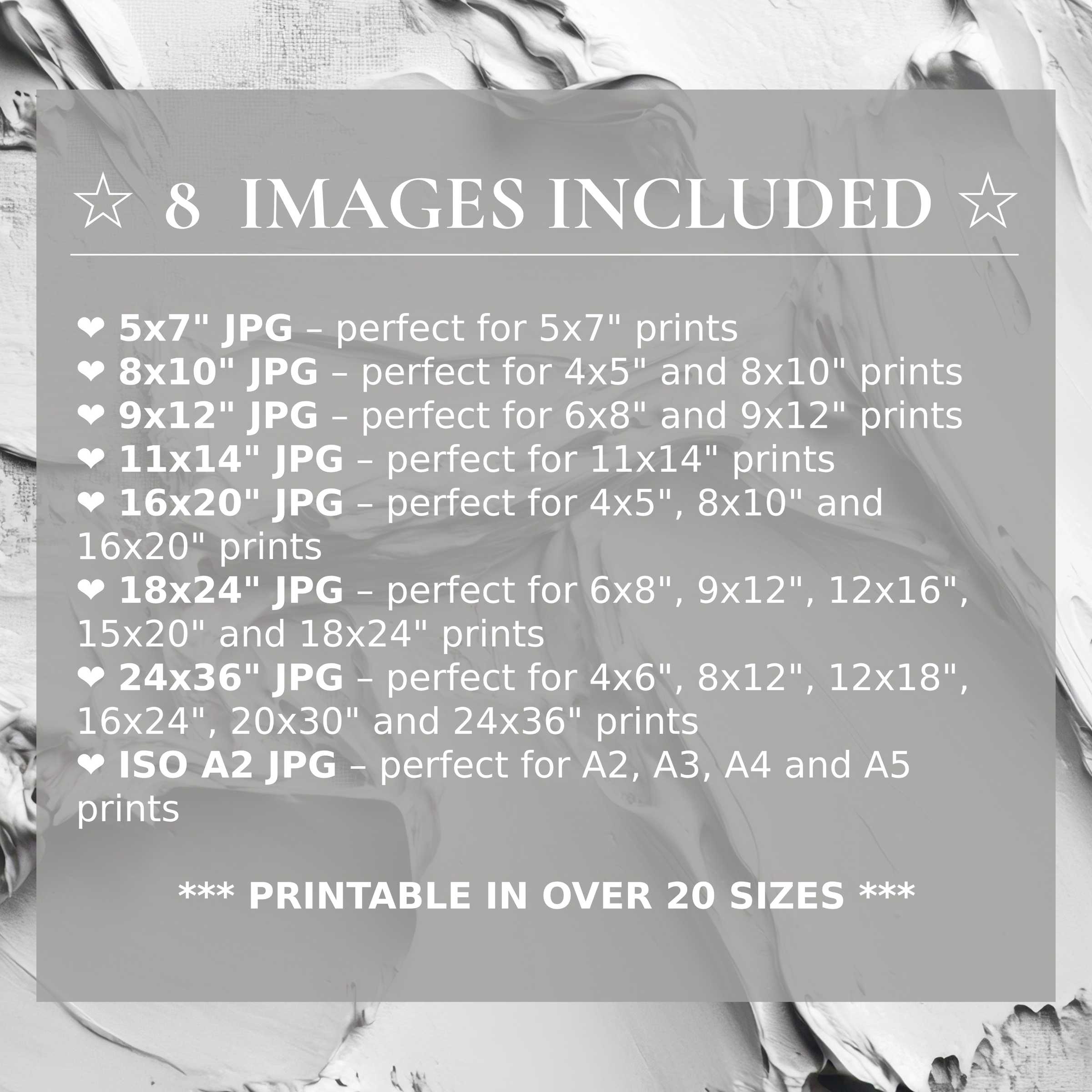 Neutral digital print exuding calming shades of gray and white, offered in 8 high-quality sizes to enhance any modern interior with timeless elegance and versatile style