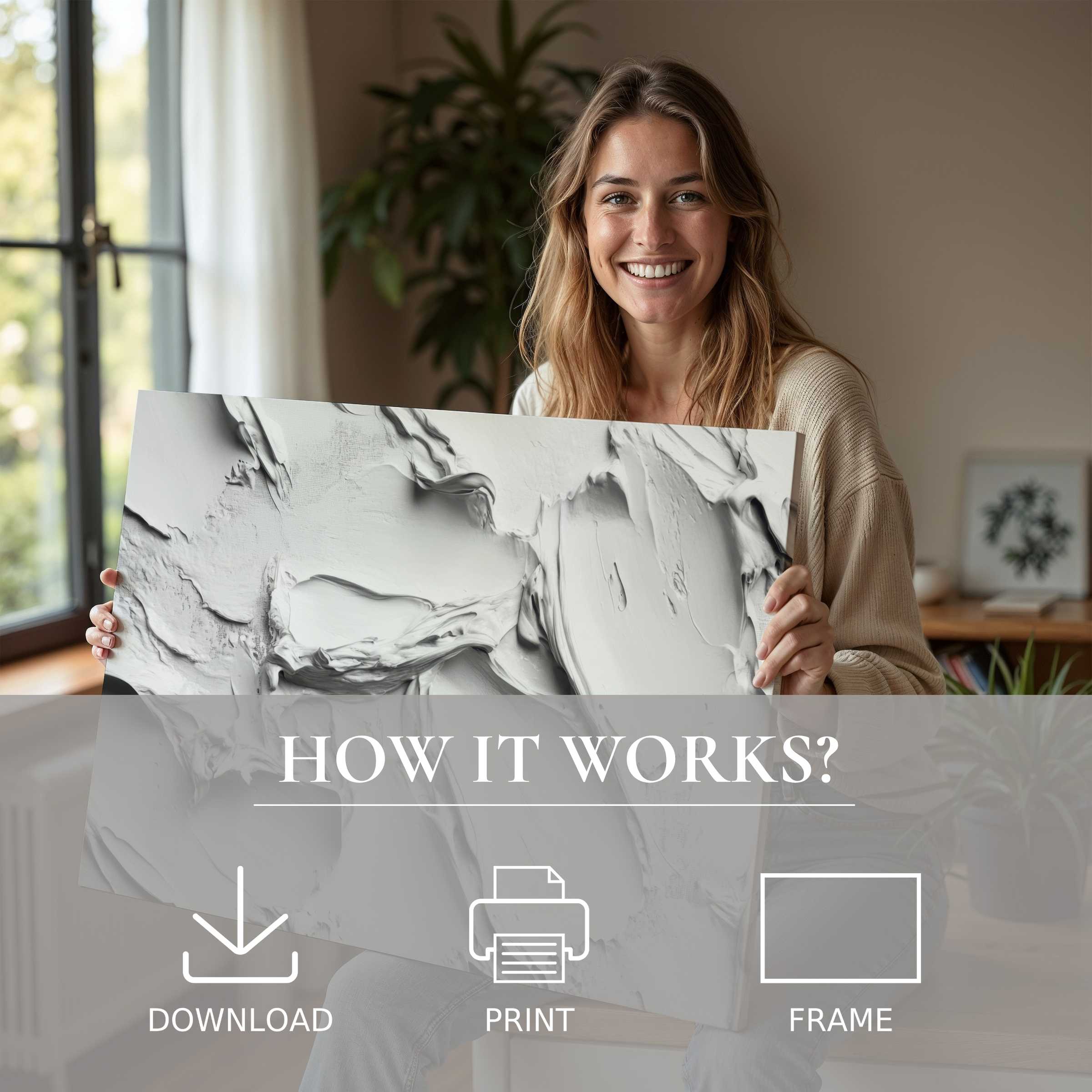 Refined woman beams with joy in a sunlit modern home, embracing a neutral digital art print that elevates living spaces with serene abstract beauty