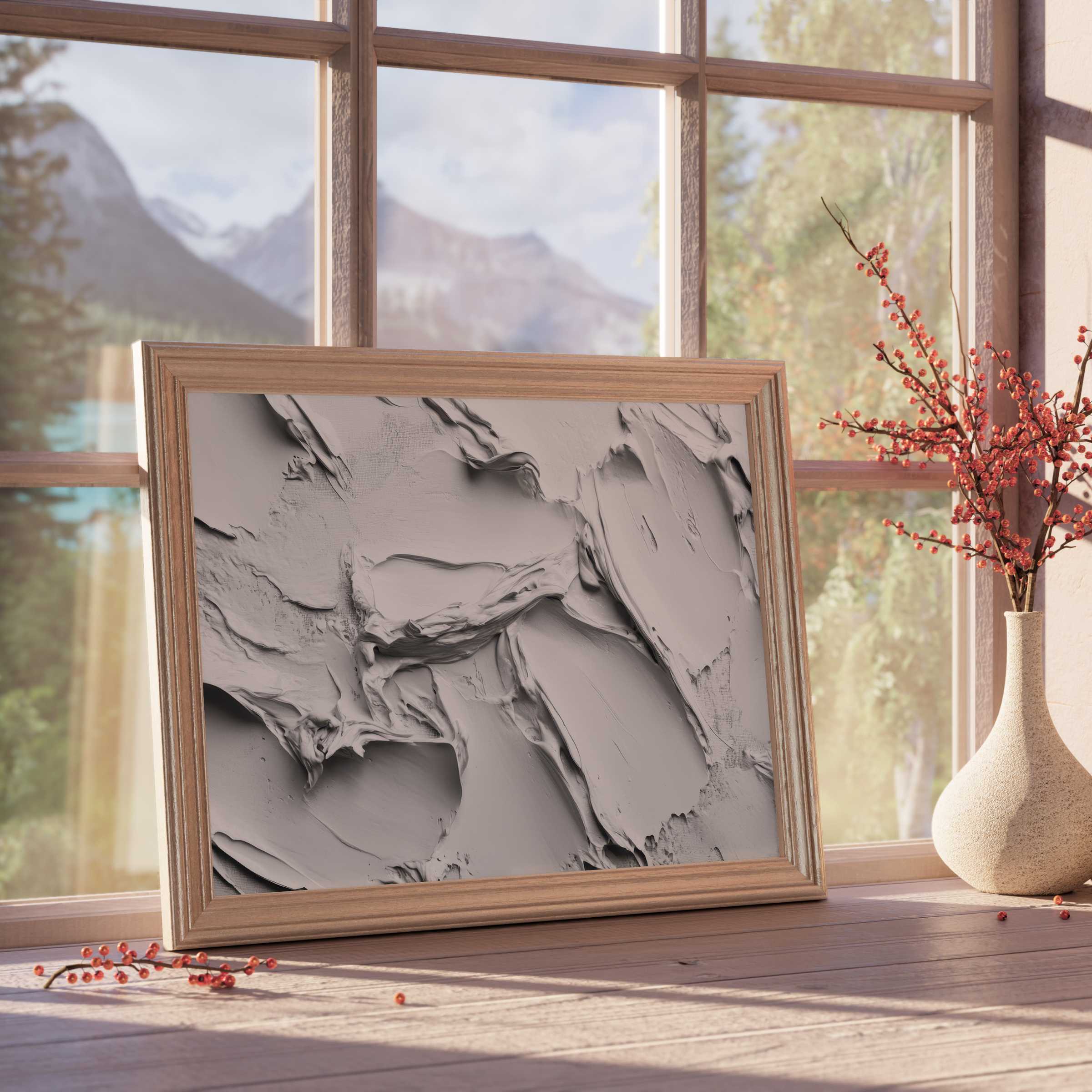 Neutral downloadable art with soft, textured brushstrokes, enhancing serene, curated interiors in modern, warm-toned living spaces