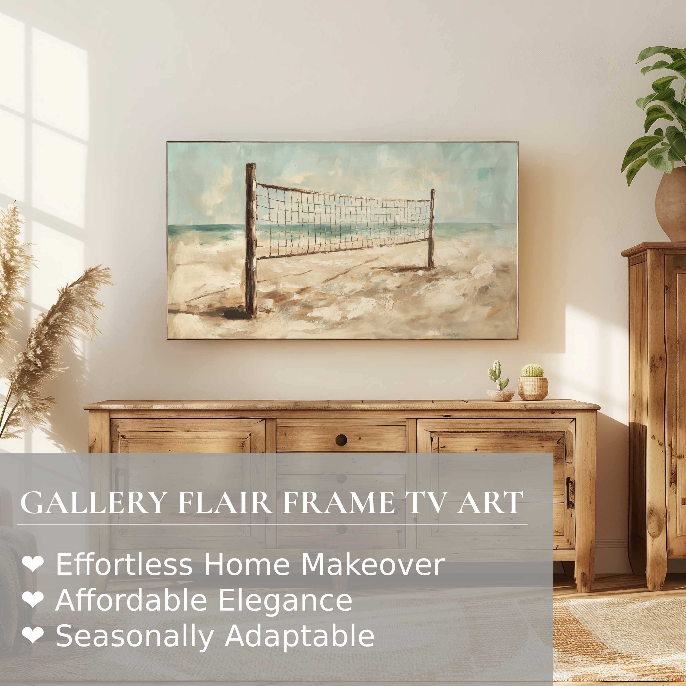 Samsung Frame TV displaying serene beach digital artwork of a volleyball net, perfect for refined home decor