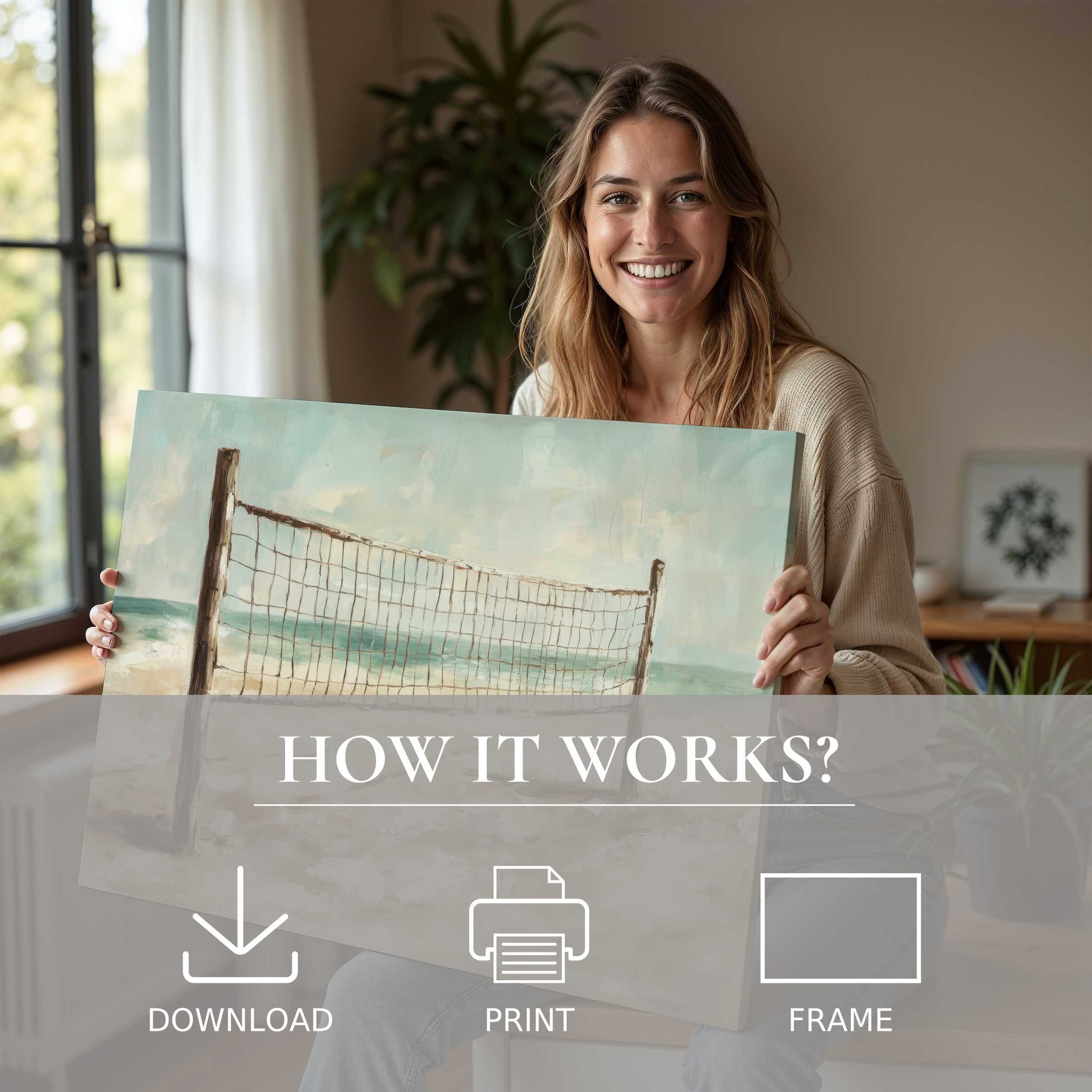 Woman in a serene modern home, joyfully embracing a beach digital art print, blending tranquil hues with effortless elegance