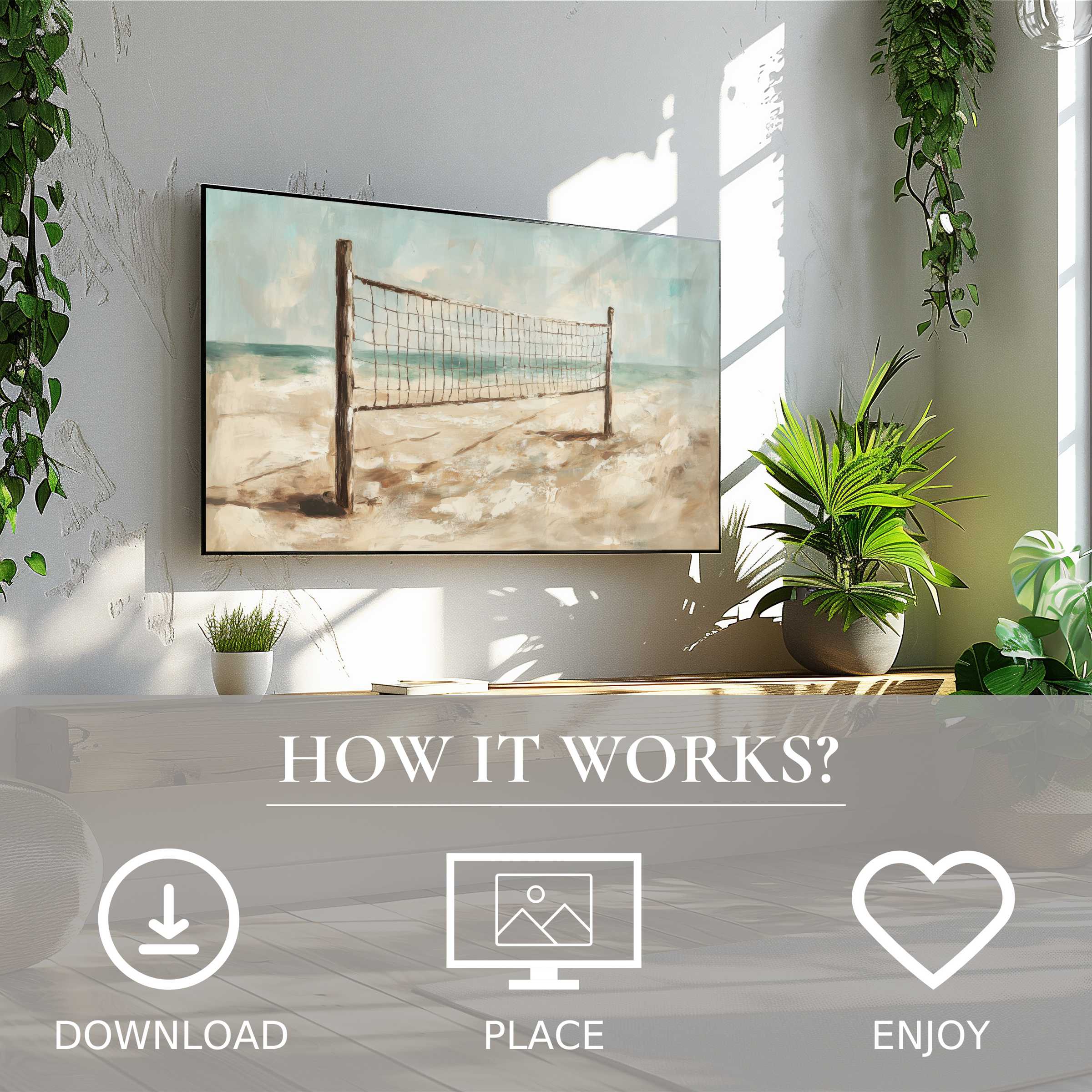 Modern living room with easy digital download beach art for Samsung TV; soft sandy tones and calming sea flow