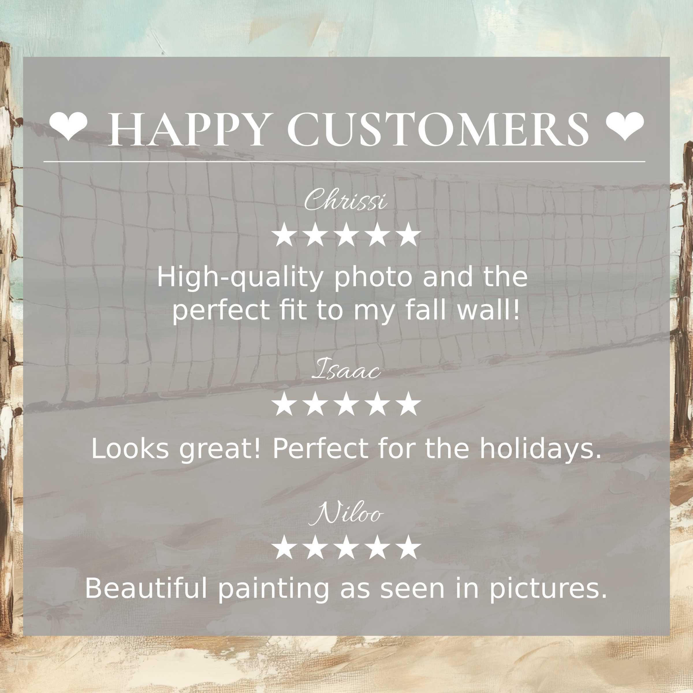 Happy customer reviews highlight elegant beach art for Frame TV with subtle pastel volleyball net backdrop