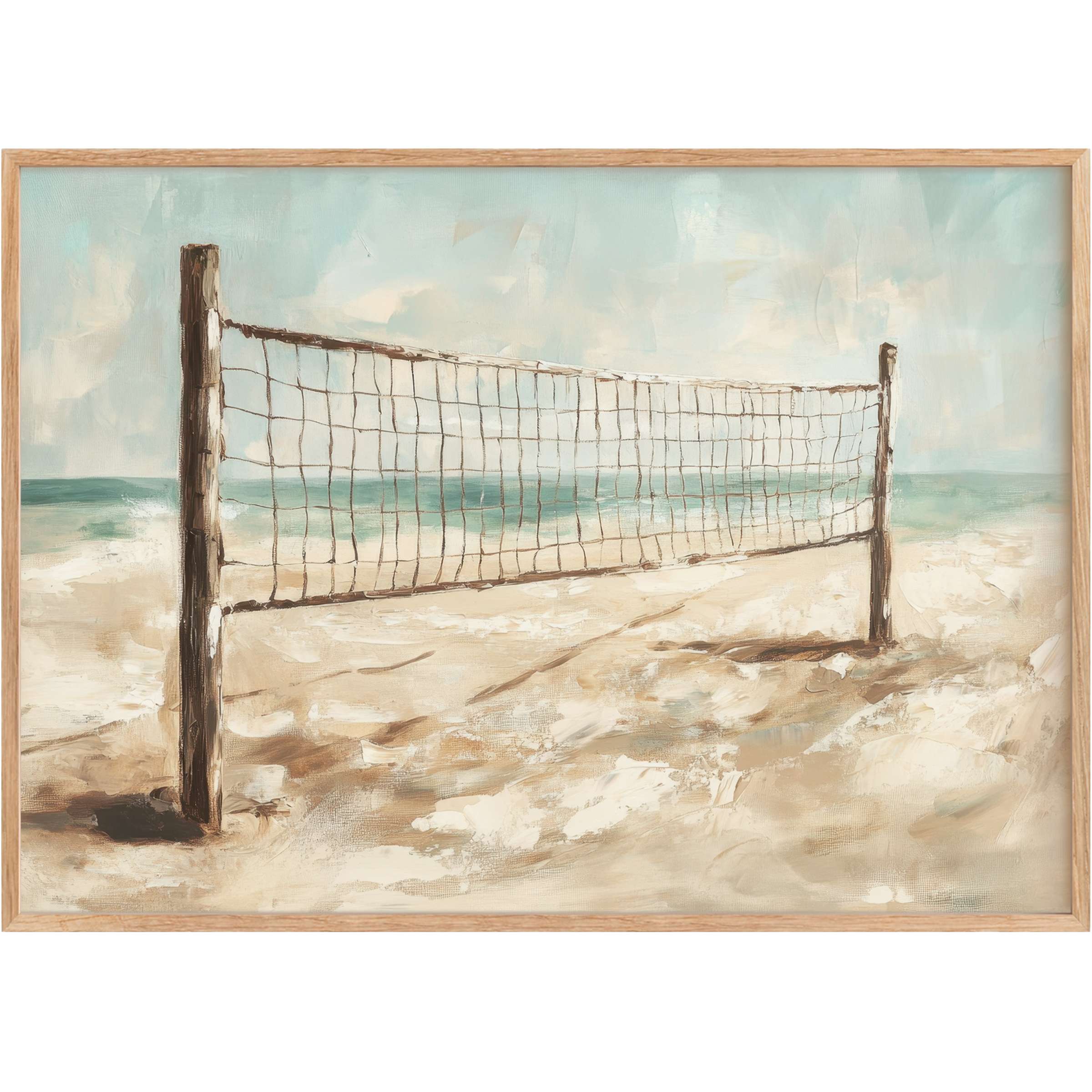 Serene beach printable wall art with soft sandy tones and ocean blues, evoking tranquil coastal elegance and calm