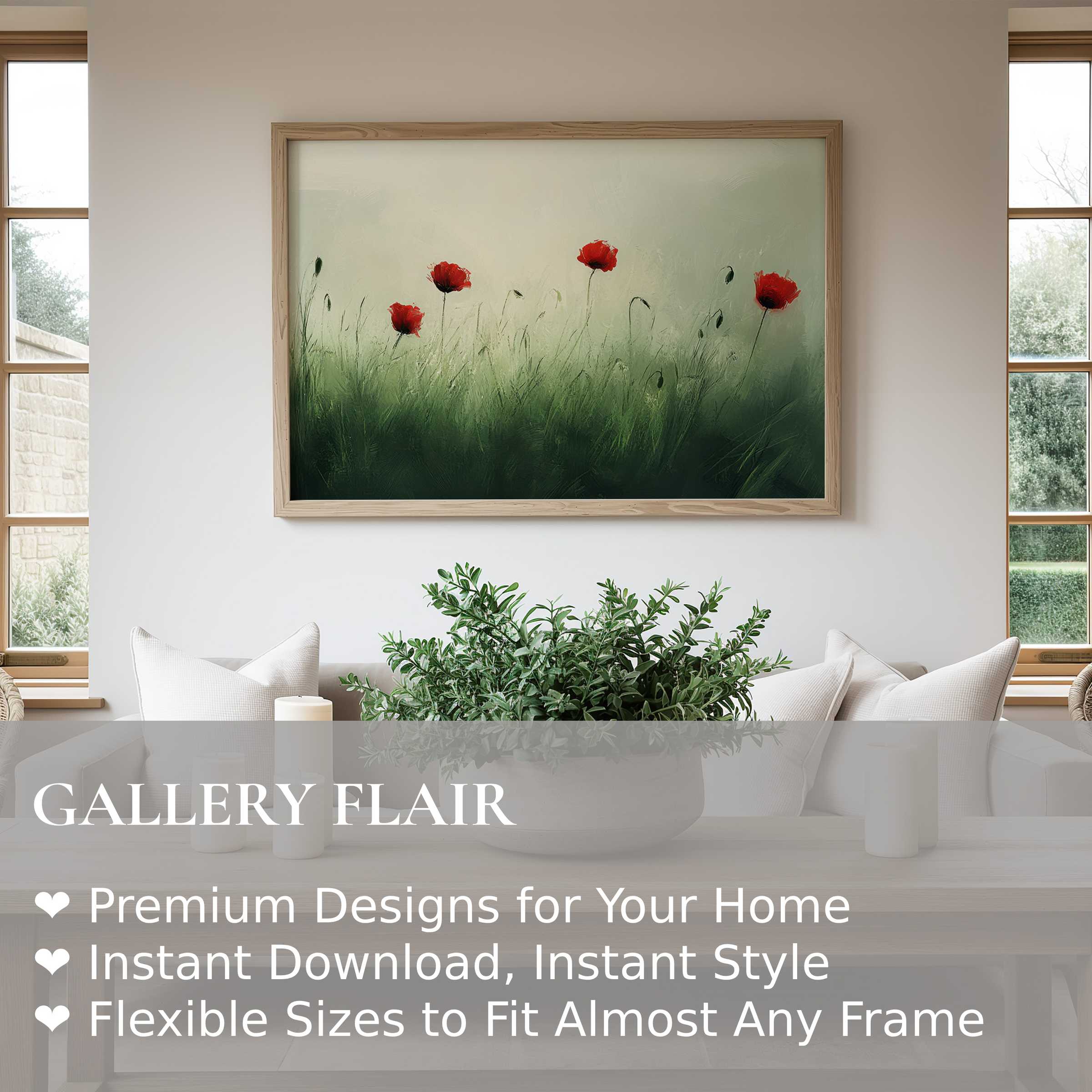 Radiant spring wall art print featuring delicate red poppies and lush greenery, enhancing serene modern farmhouse interiors with natural elegance