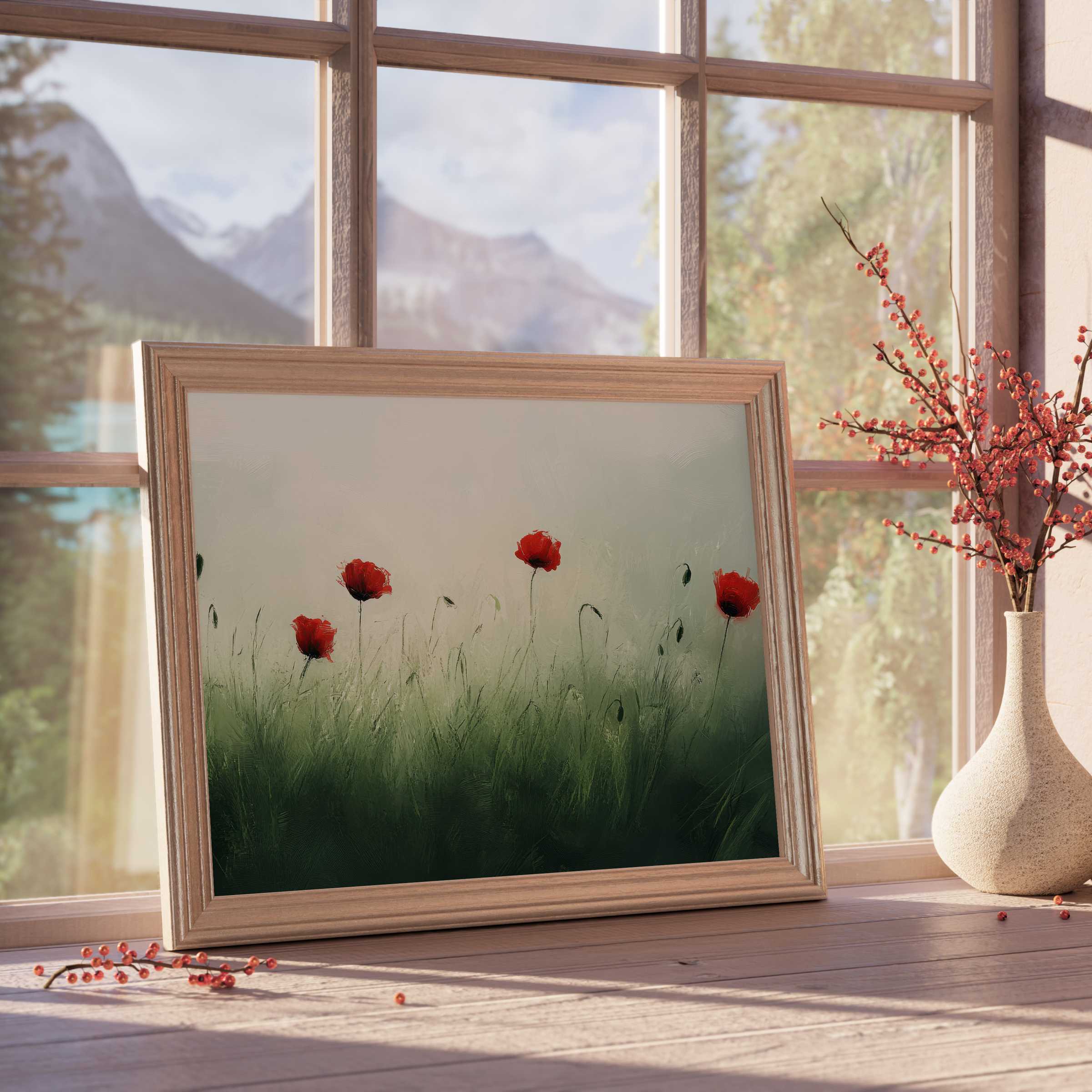 Elegant spring downloadable art capturing vibrant red poppies in soft sunlight, perfect for curated, tranquil, design-forward interiors