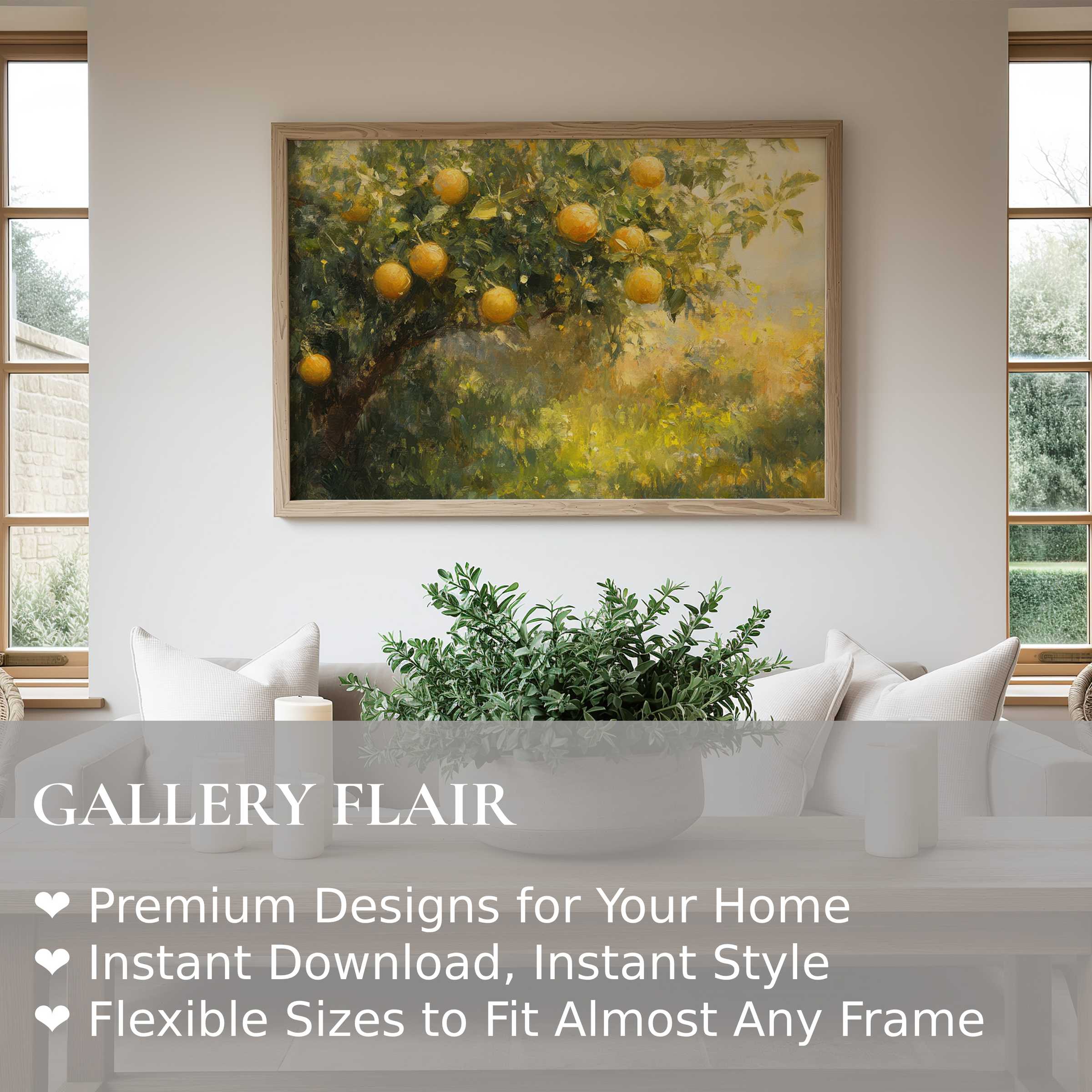 Radiant summer wall art print depicting sunlit orange tree branches, enhancing serene, modern farmhouse interiors with natural charm