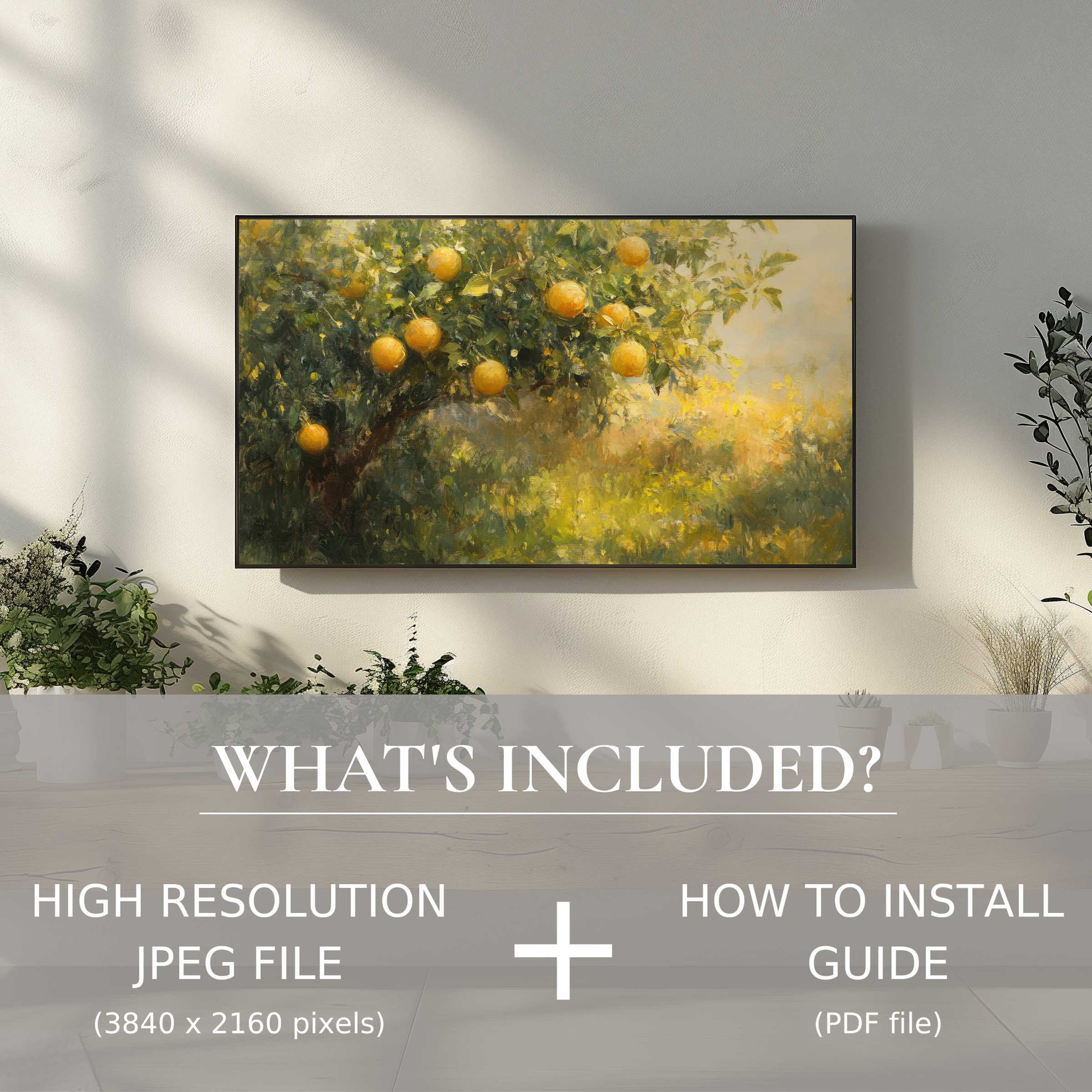 Summer digital TV art download, elegant citrus tree enhances living space with easy digital use for refined decor