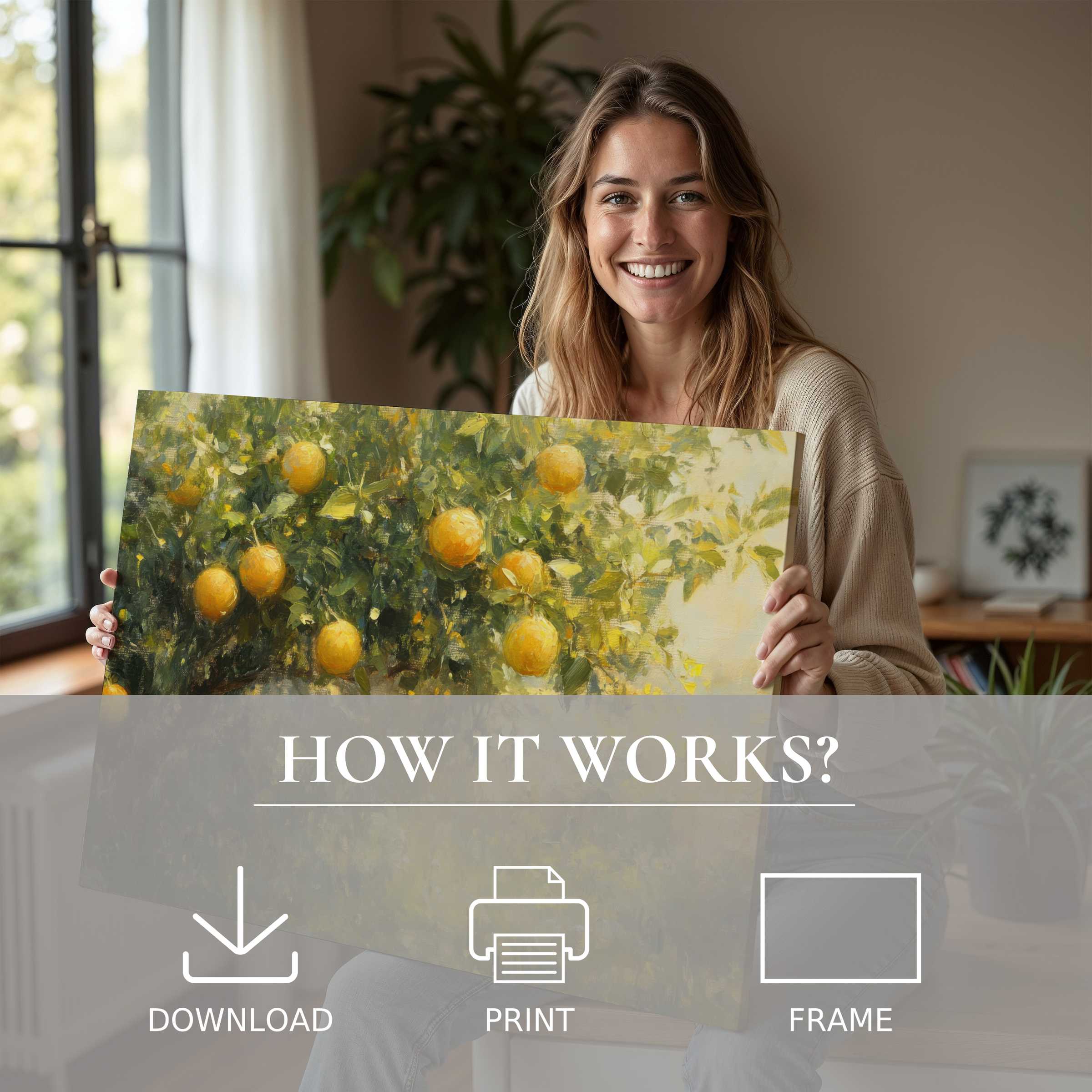 Refined woman embraces the warmth of art with a summer digital art print of sunlit citrus, uplifting her modern home