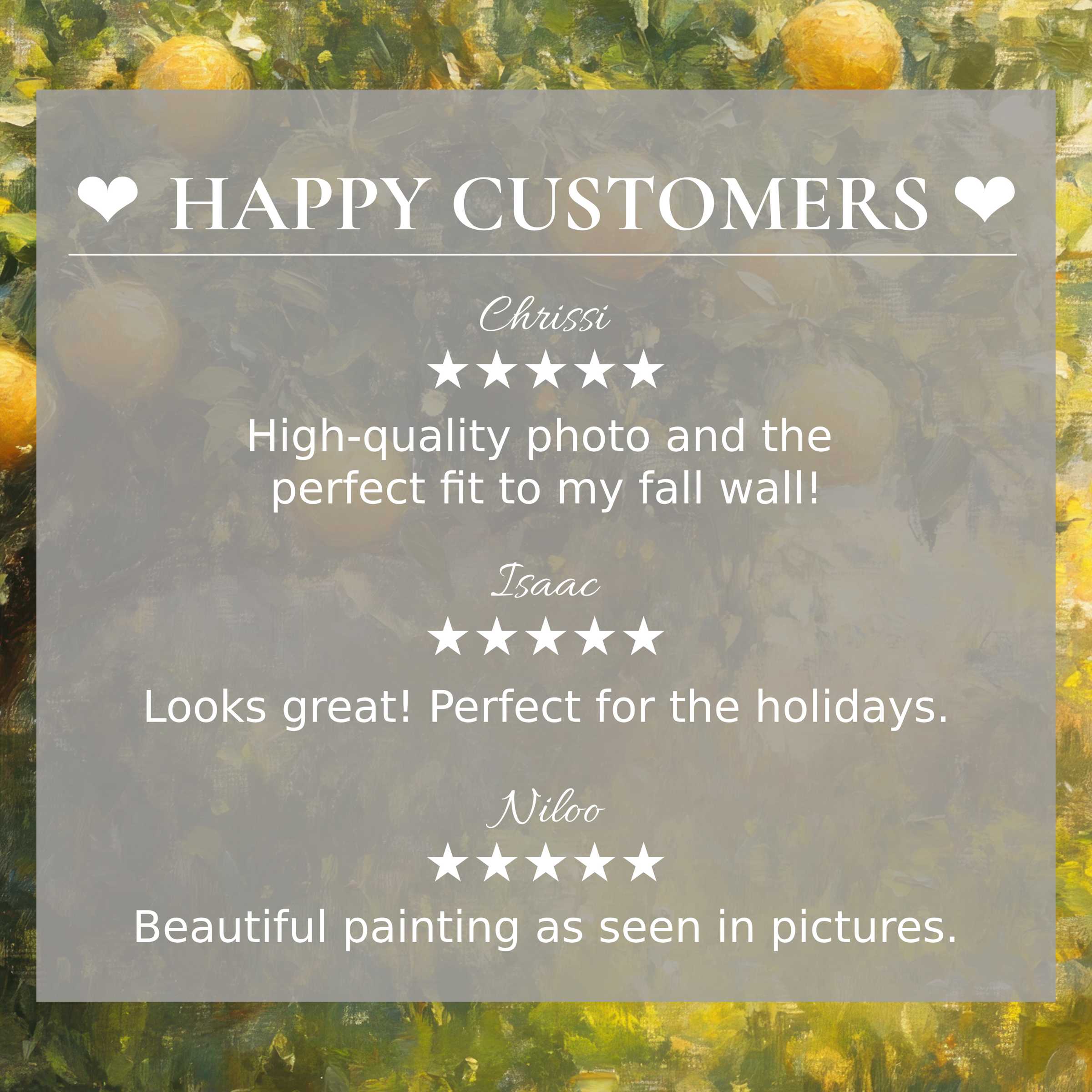 Summer art for Frame TV with abstract golden fruit background showcasing happy customer reviews and elegant design trust
