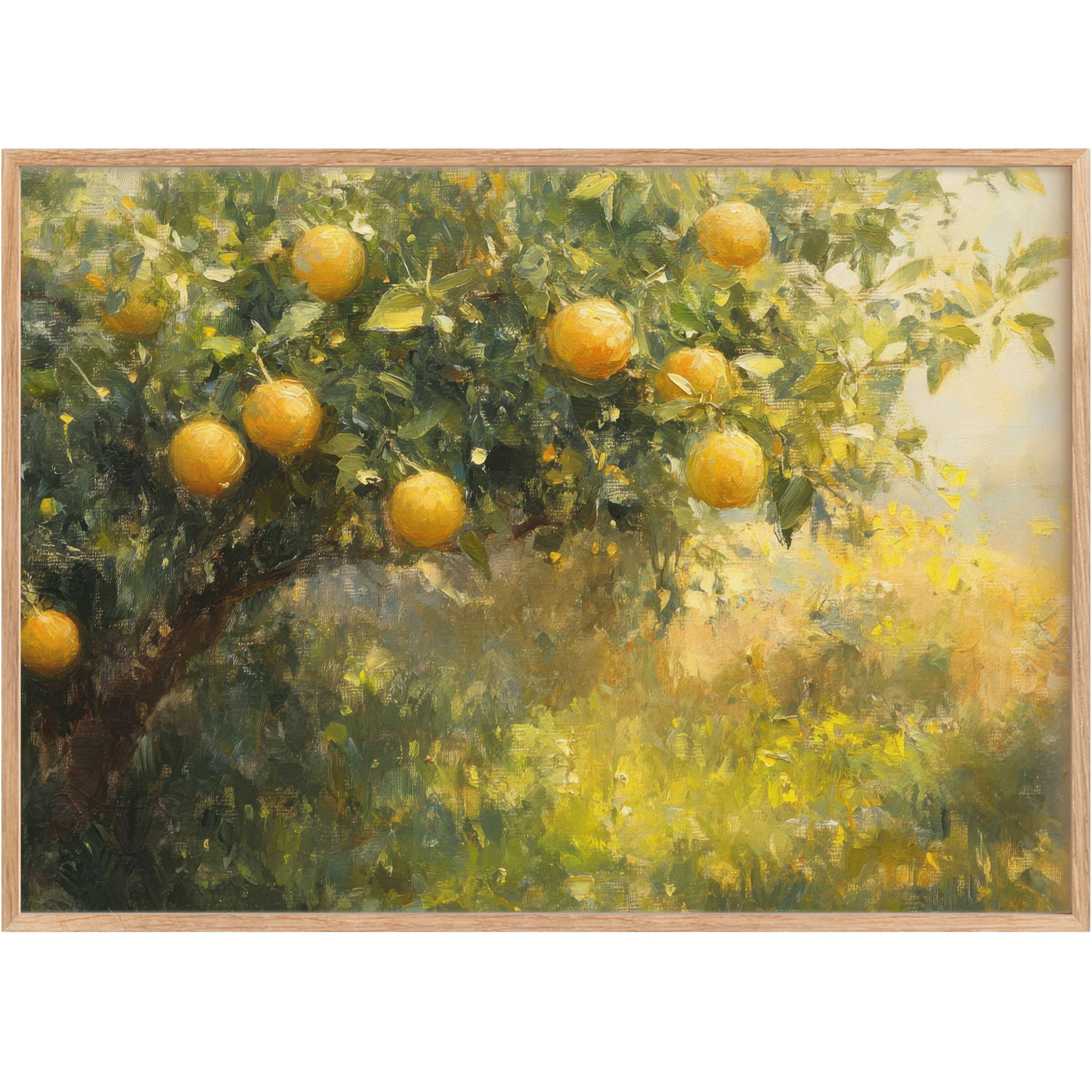Sun-dappled orange tree evokes radiant warmth and lush greenery, a perfect summer printable wall art for elegant living spaces