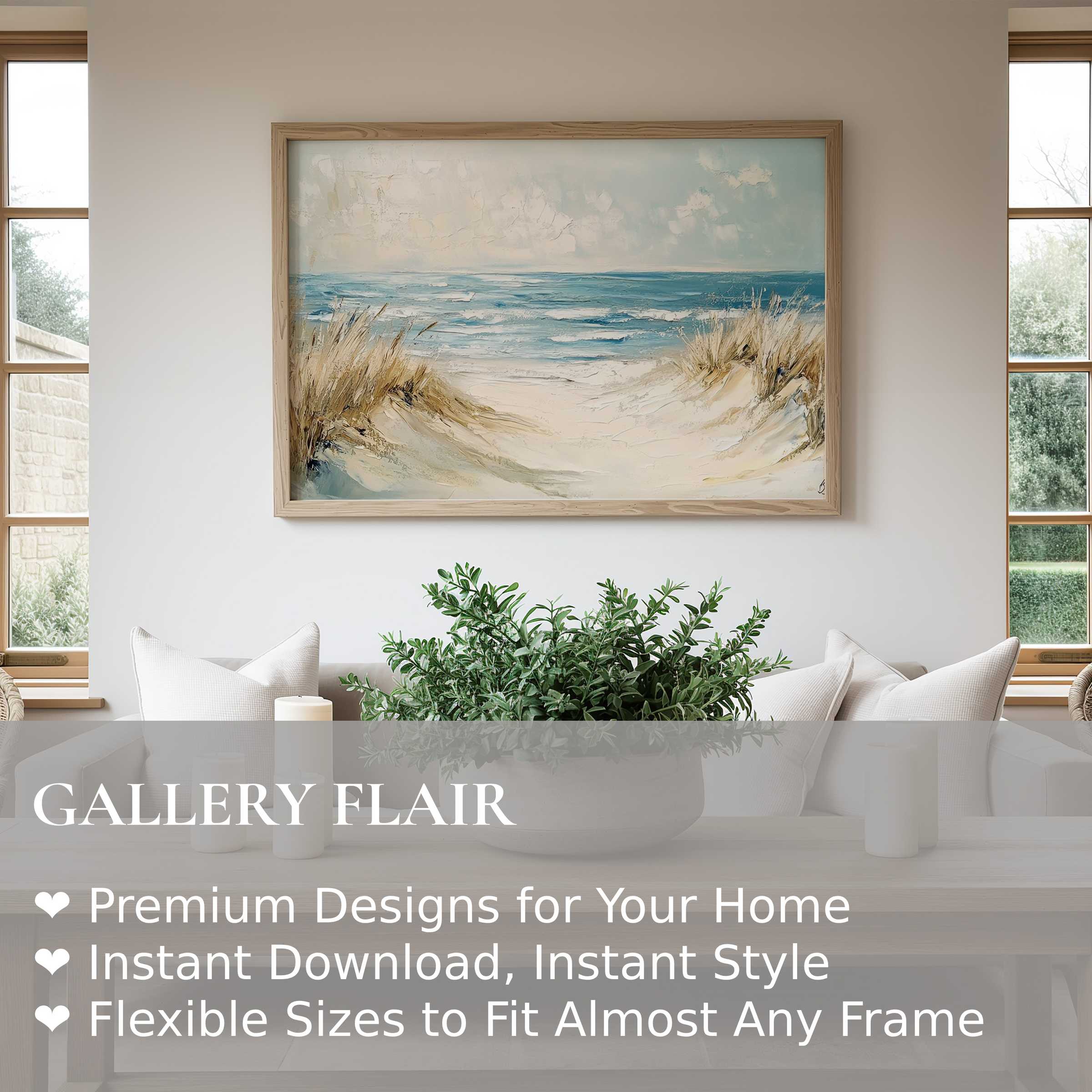 Serene landscape wall art print featuring soft coastal dunes and tranquil ocean waves, enhancing modern minimalist interiors with calming natural elegance