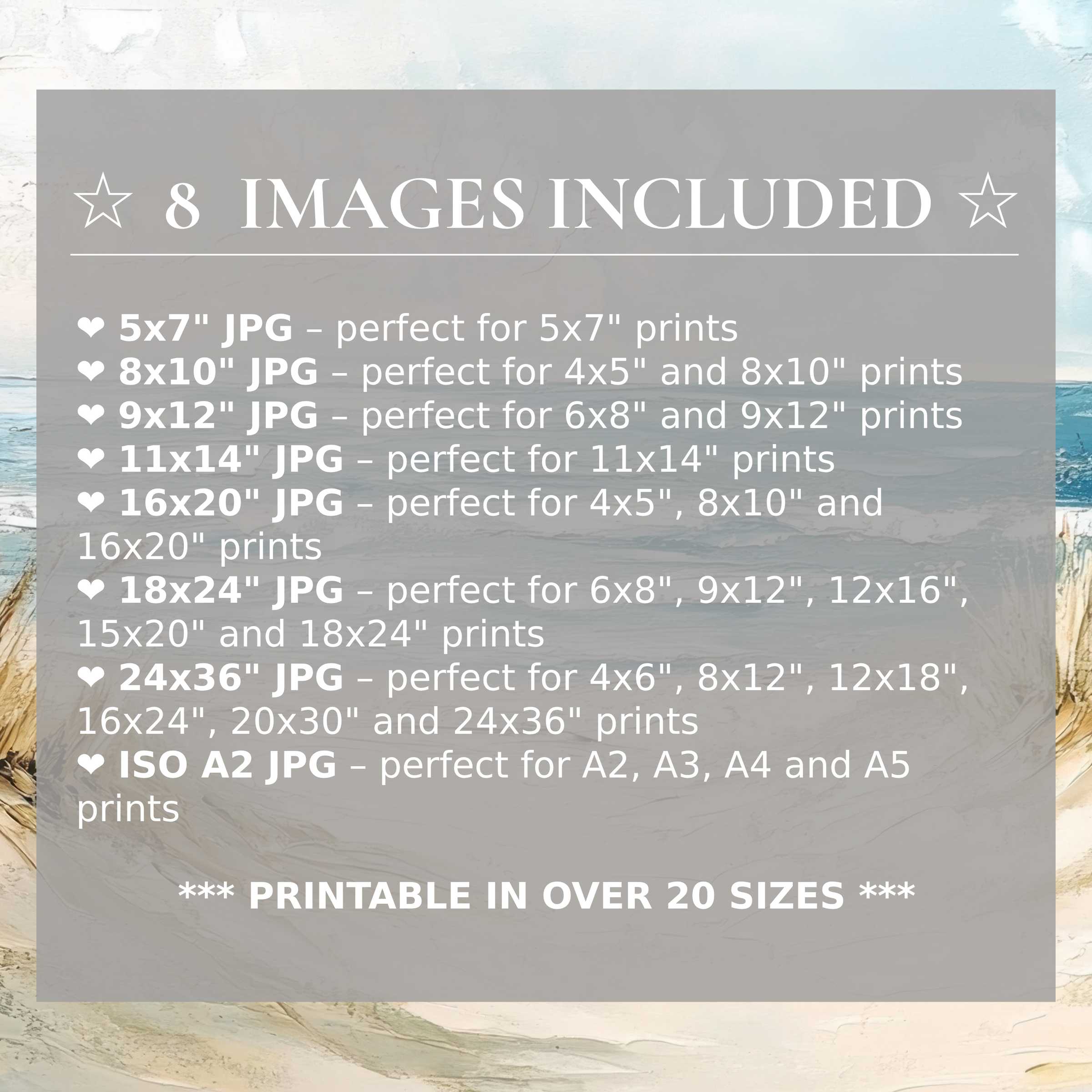 Radiant landscape digital print in soft blues and warm earth tones, elevating modern interiors with style and 8 included sizes