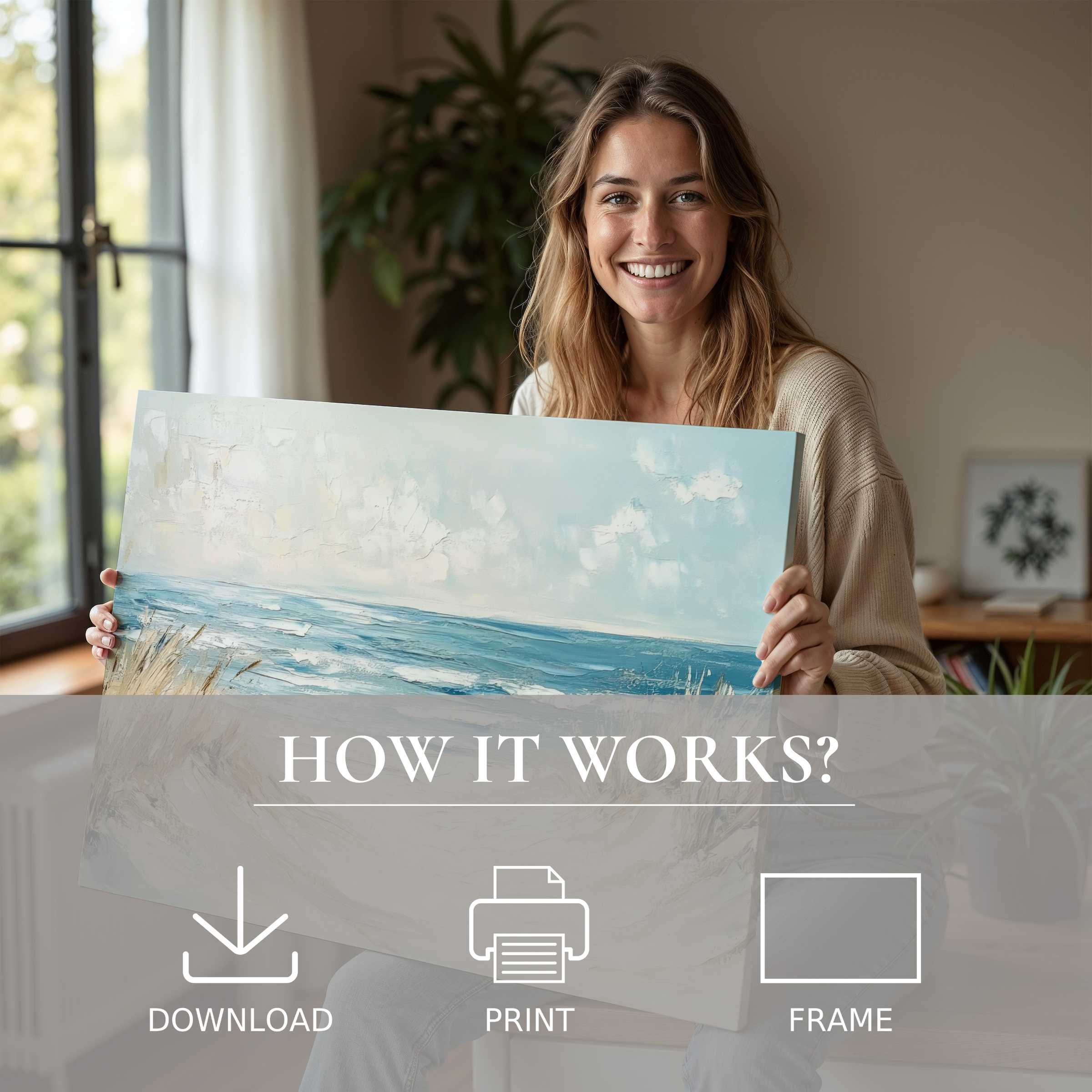 Woman in modern home radiates joy, holding serene landscape digital art print that effortlessly enriches living spaces