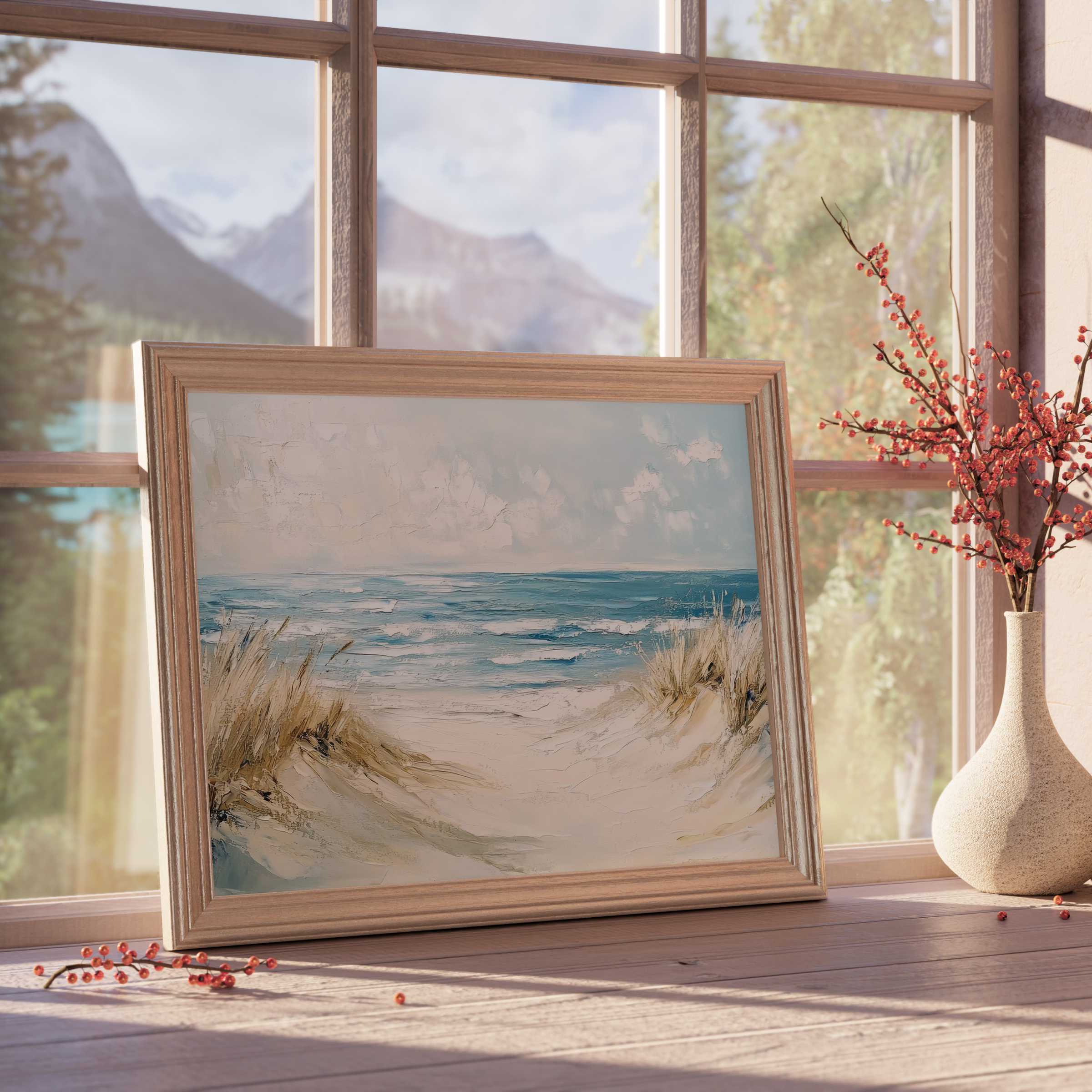 Serene landscape downloadable art capturing sunlit dunes and tranquil ocean waves, elevating refined coastal and boho interiors