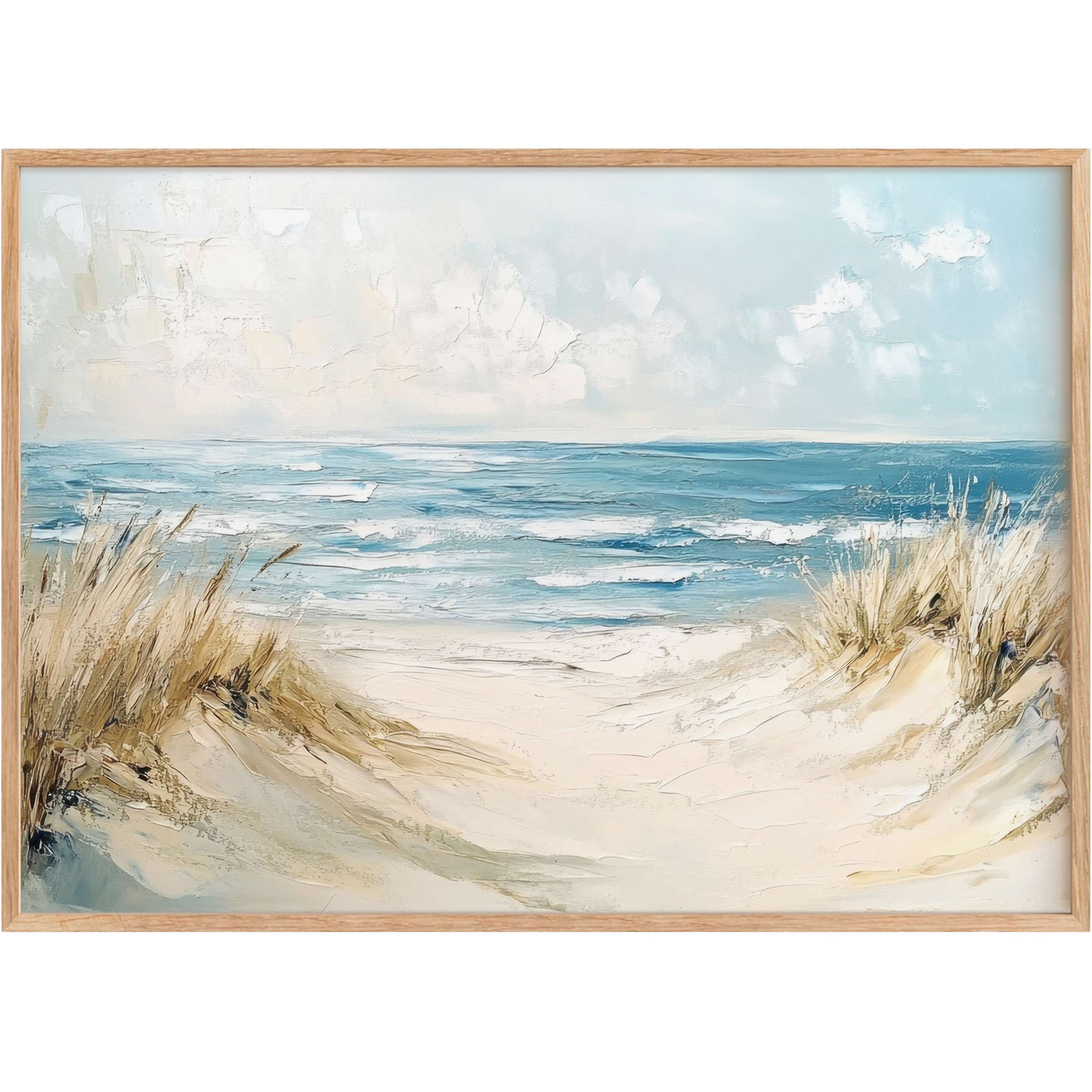 Serene landscape printable wall art featuring gentle ocean waves and sandy dunes in soft blues and warm beige, evoking calm coastal elegance