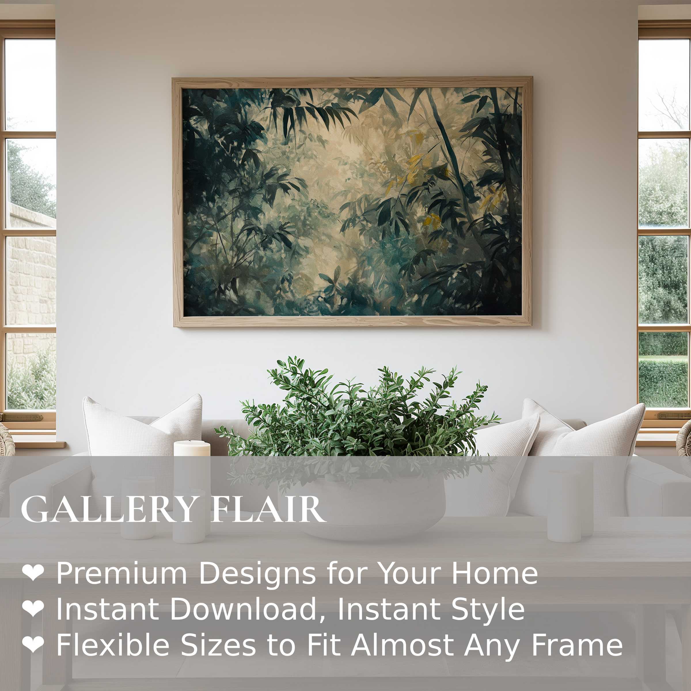 Vintage wall art print with lush forest foliage in muted greens and golds, enhancing a serene, modern minimalist living room
