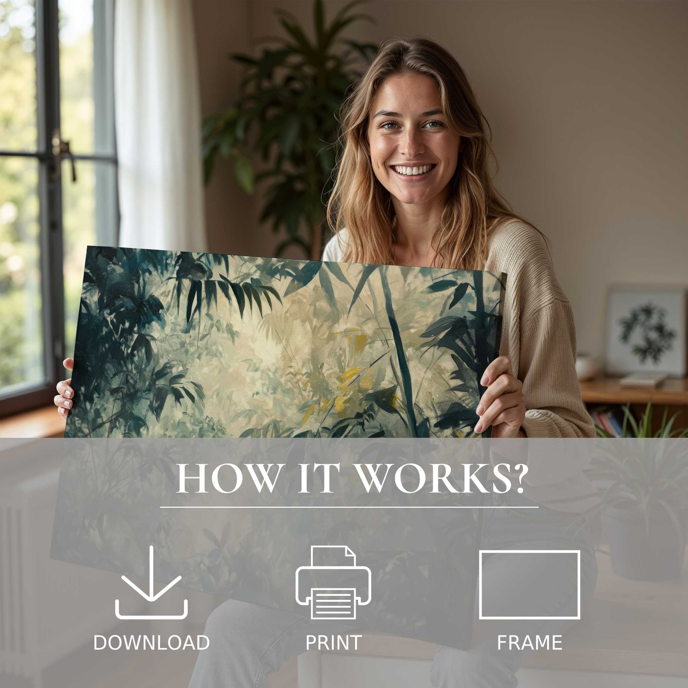 Radiant joy enriches a modern home as a vintage digital art print’s lush green and gold tones inspire serene moments and effortless elegance
