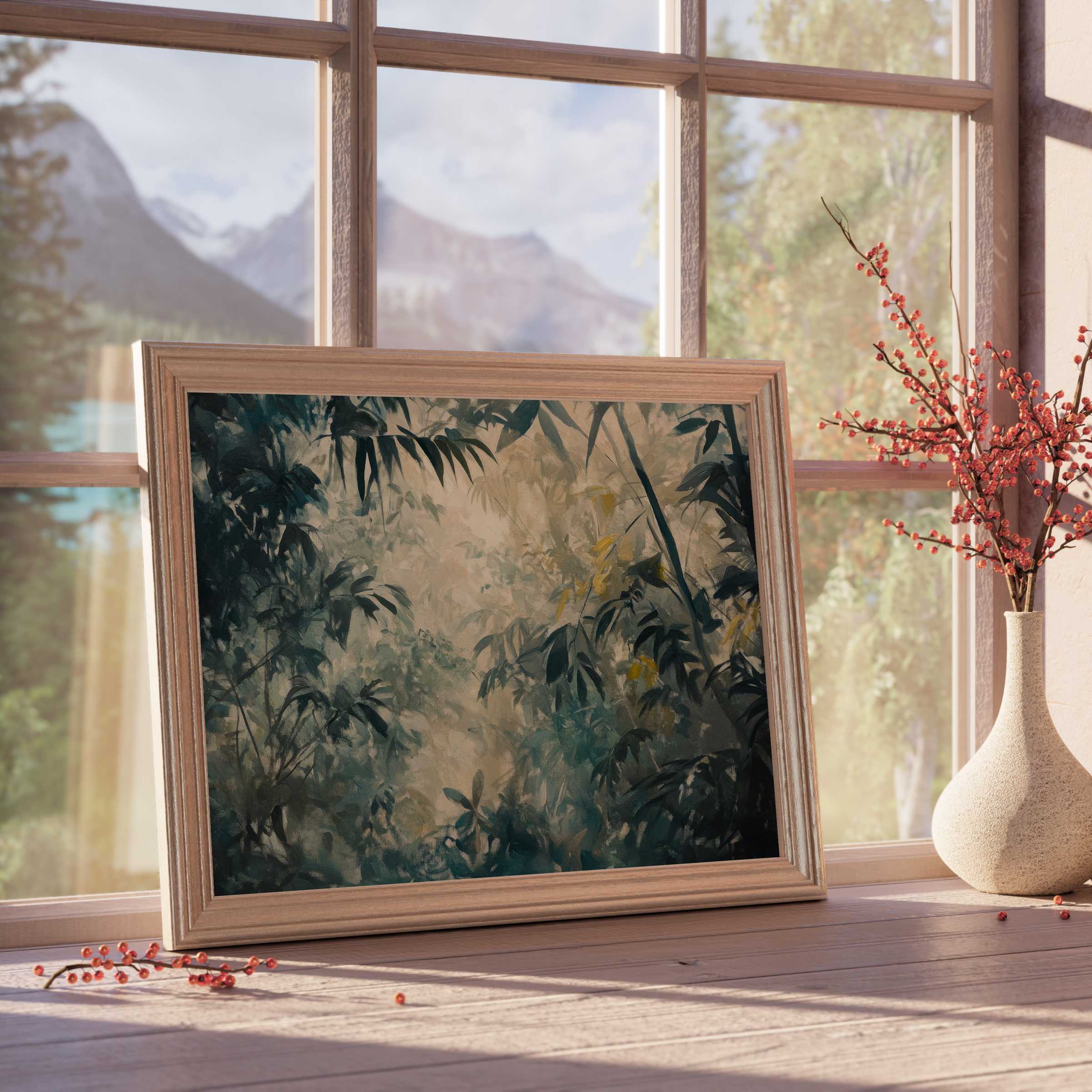 Vintage downloadable art capturing a serene woodland scene, enhancing tranquil, curated interiors with timeless elegance and natural charm
