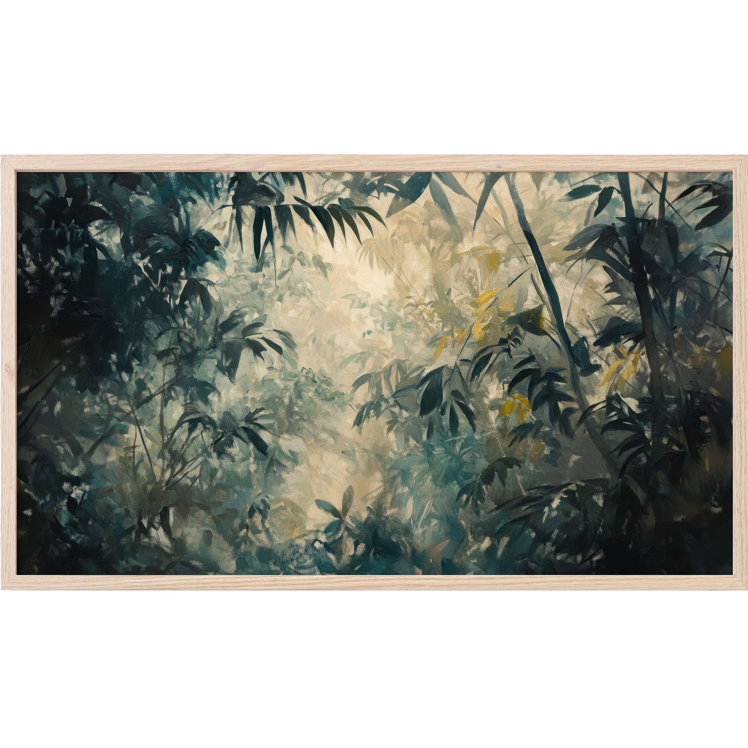 Mystical forest scene in muted greens and golds with soft brushstrokes, framed as vintage Frame TV Art