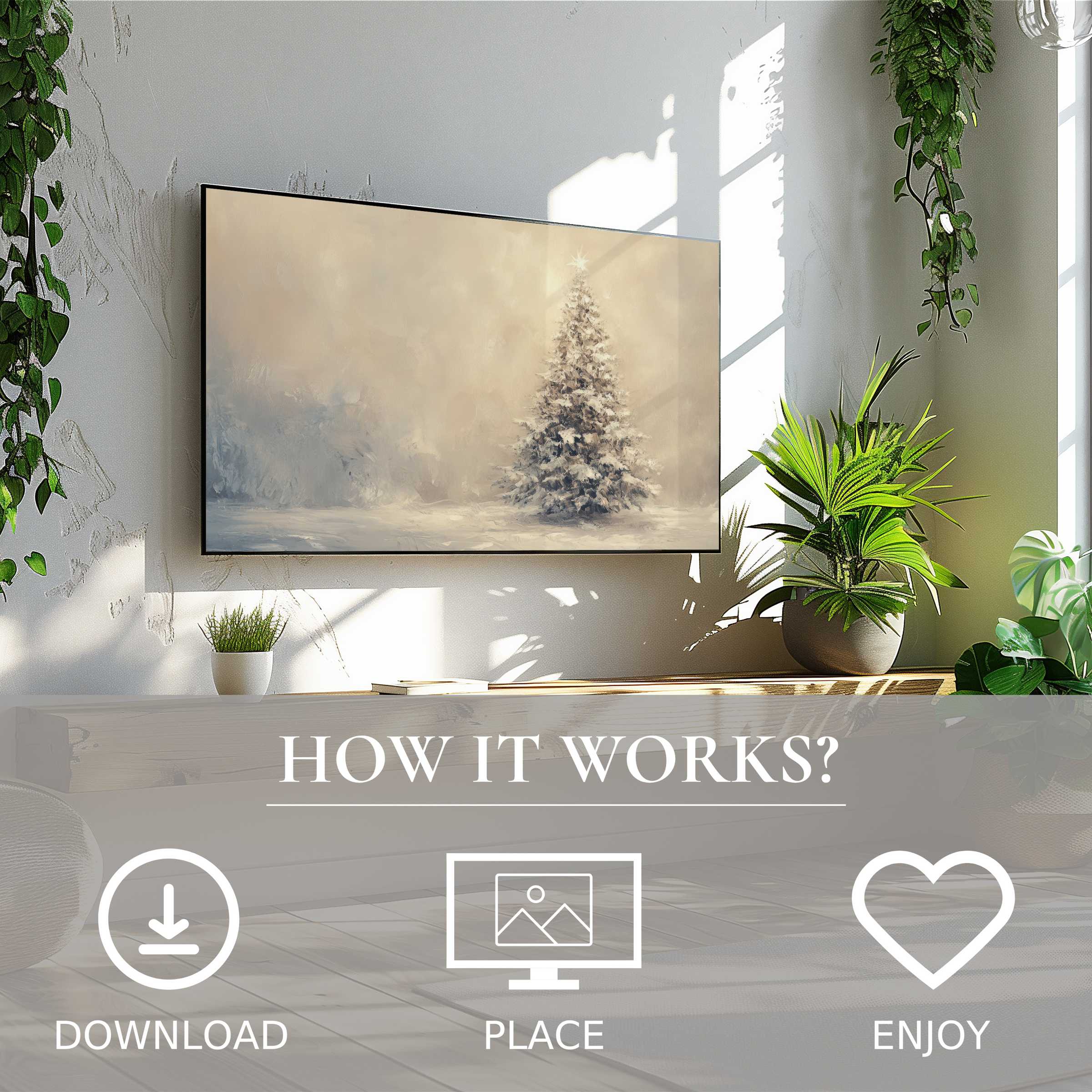 Modern living room with digital Christmas art for Samsung TV, soft winter tones, easy download, enhances decor