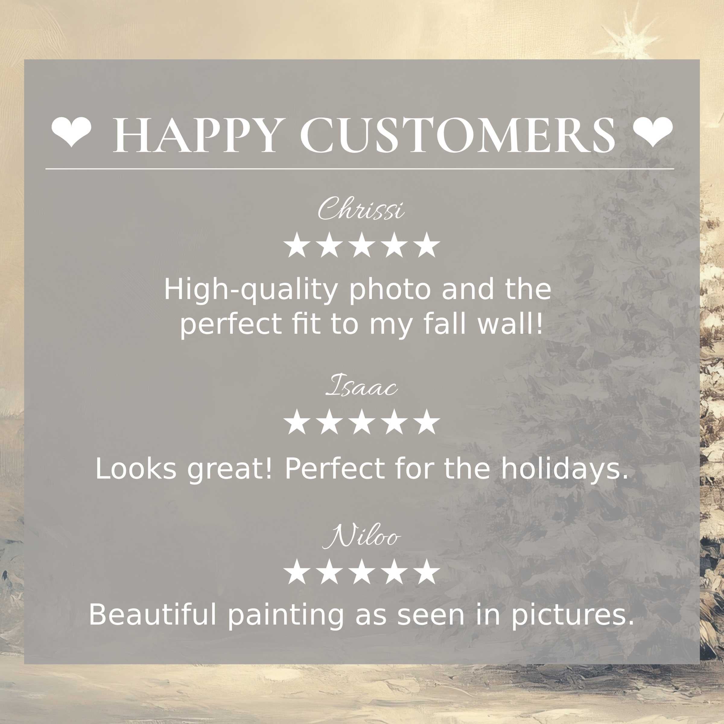 Elegant christmas art for Frame TV with abstract muted tree background, highlighting happy customer reviews and refined style