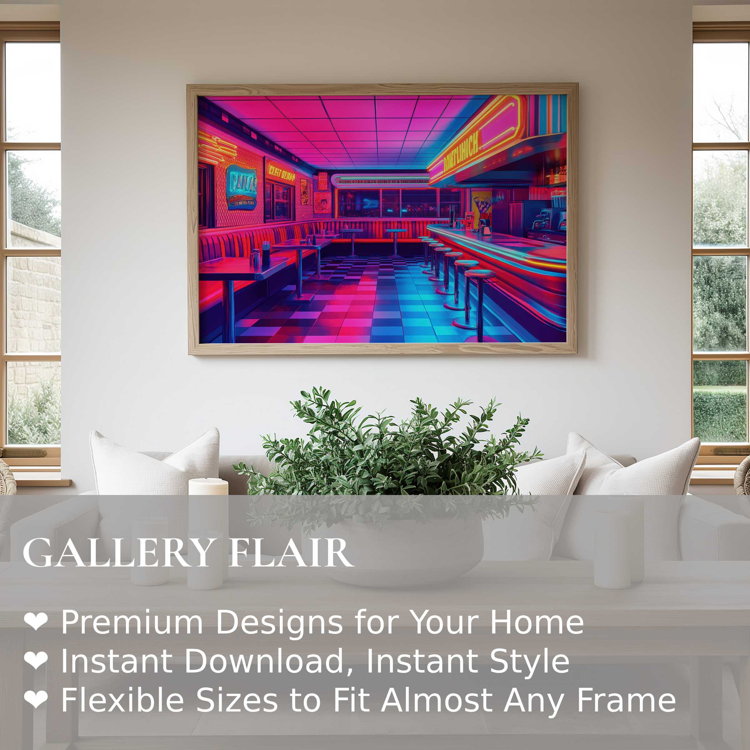 Pop art wall art print of a vibrant retro diner interior, glowing with radiant neon hues, enhances sleek modern living spaces with bold urban charm