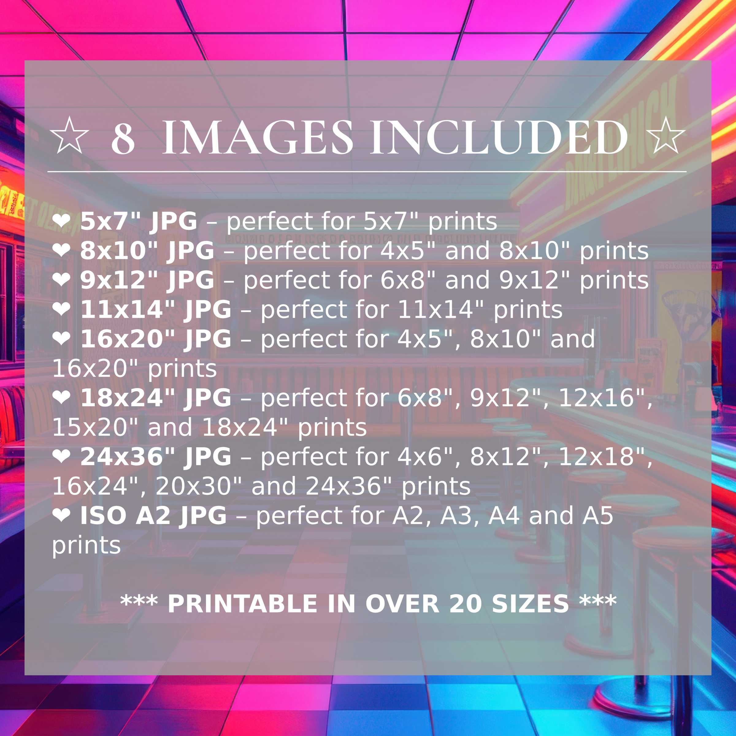 Radiant pop art digital print in vibrant pink, blue, and orange hues, offered in 8 high-quality sizes included for versatile, modern interiors