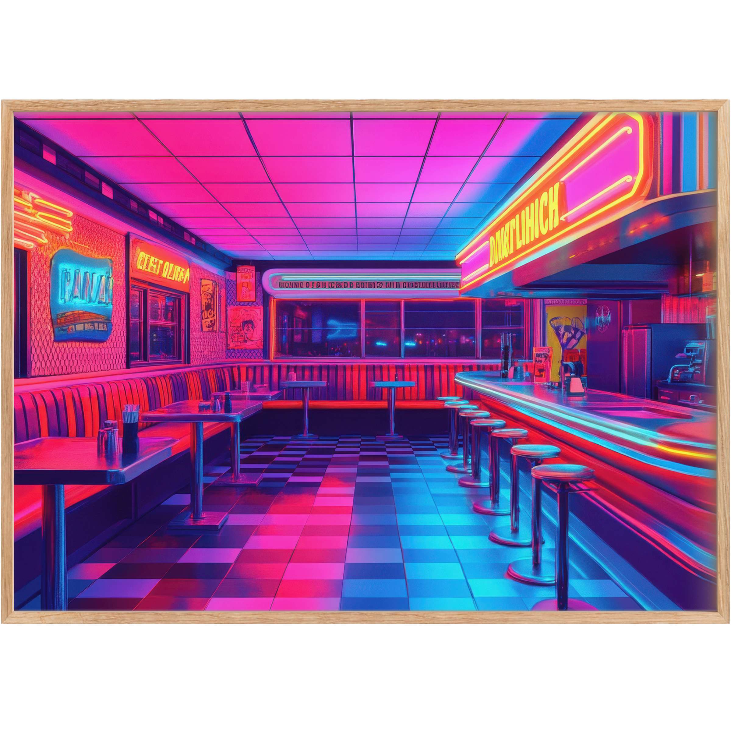 Vibrant pop art printable wall art captures a retro diner’s electric ambiance with bold neon pinks and blues, igniting a radiant, nostalgic mood