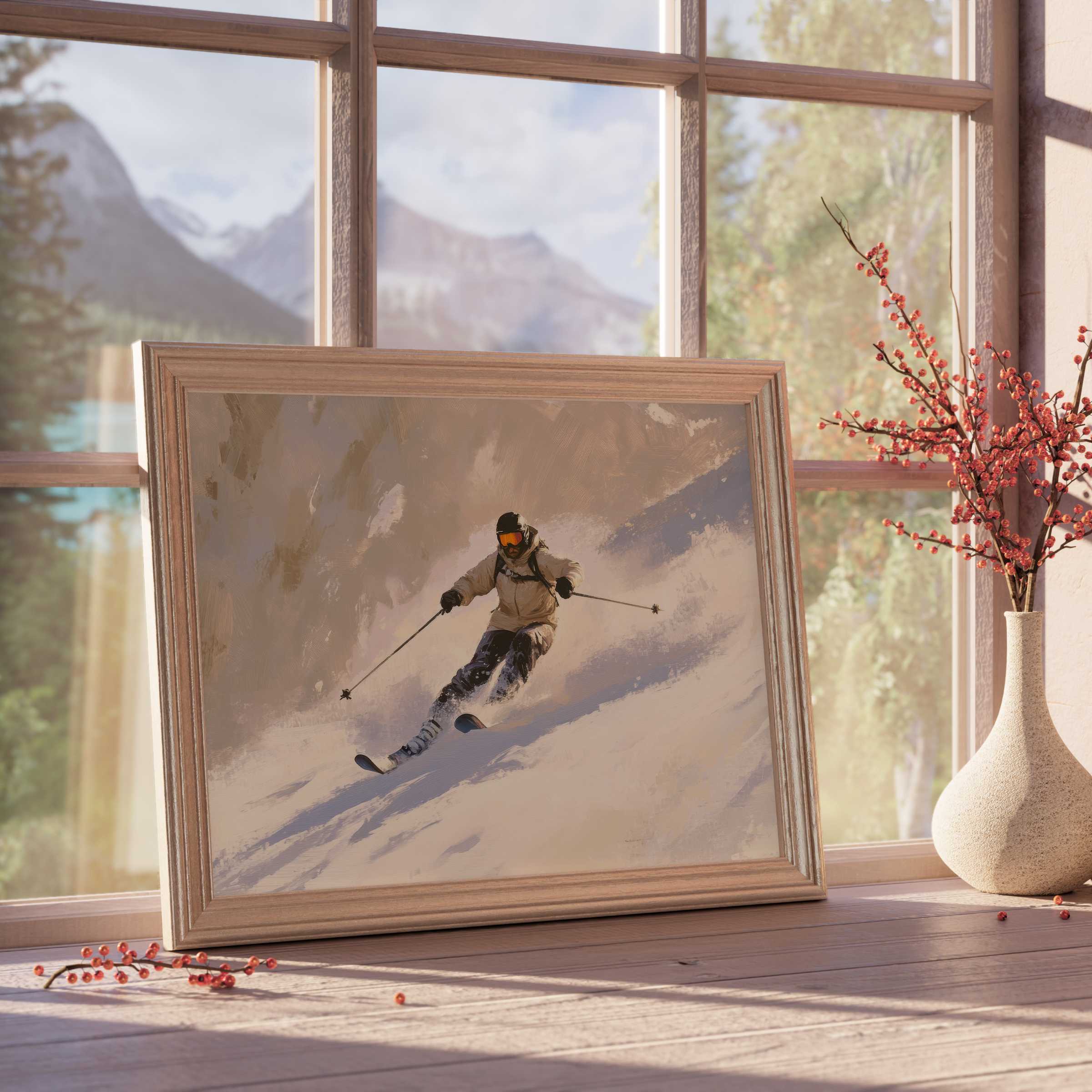 Winter downloadable art capturing dynamic skiing motion, enhancing tranquil, curated interiors with alpine calm and refined adventure spirit
