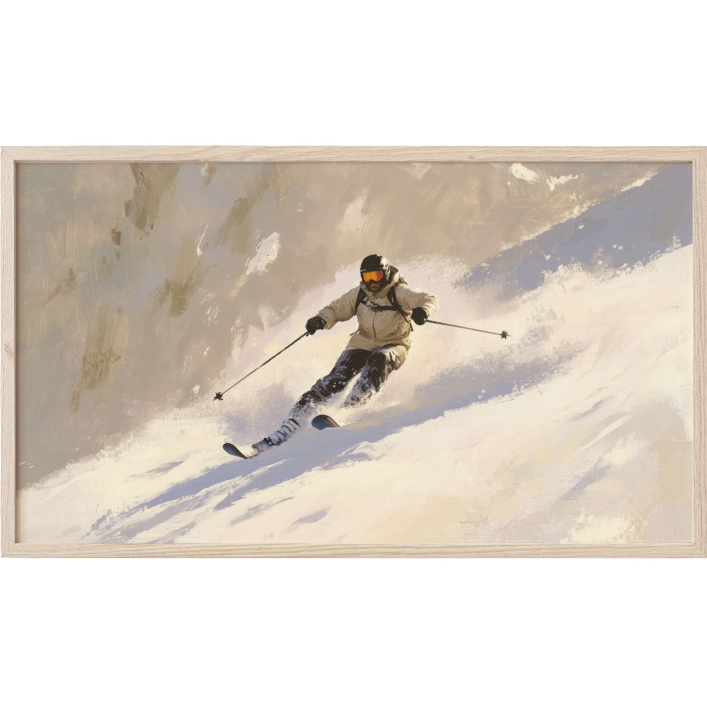 Dynamic winter Frame TV Art depicting a skier in soft beige and cool blue tones with a textured, modern style
