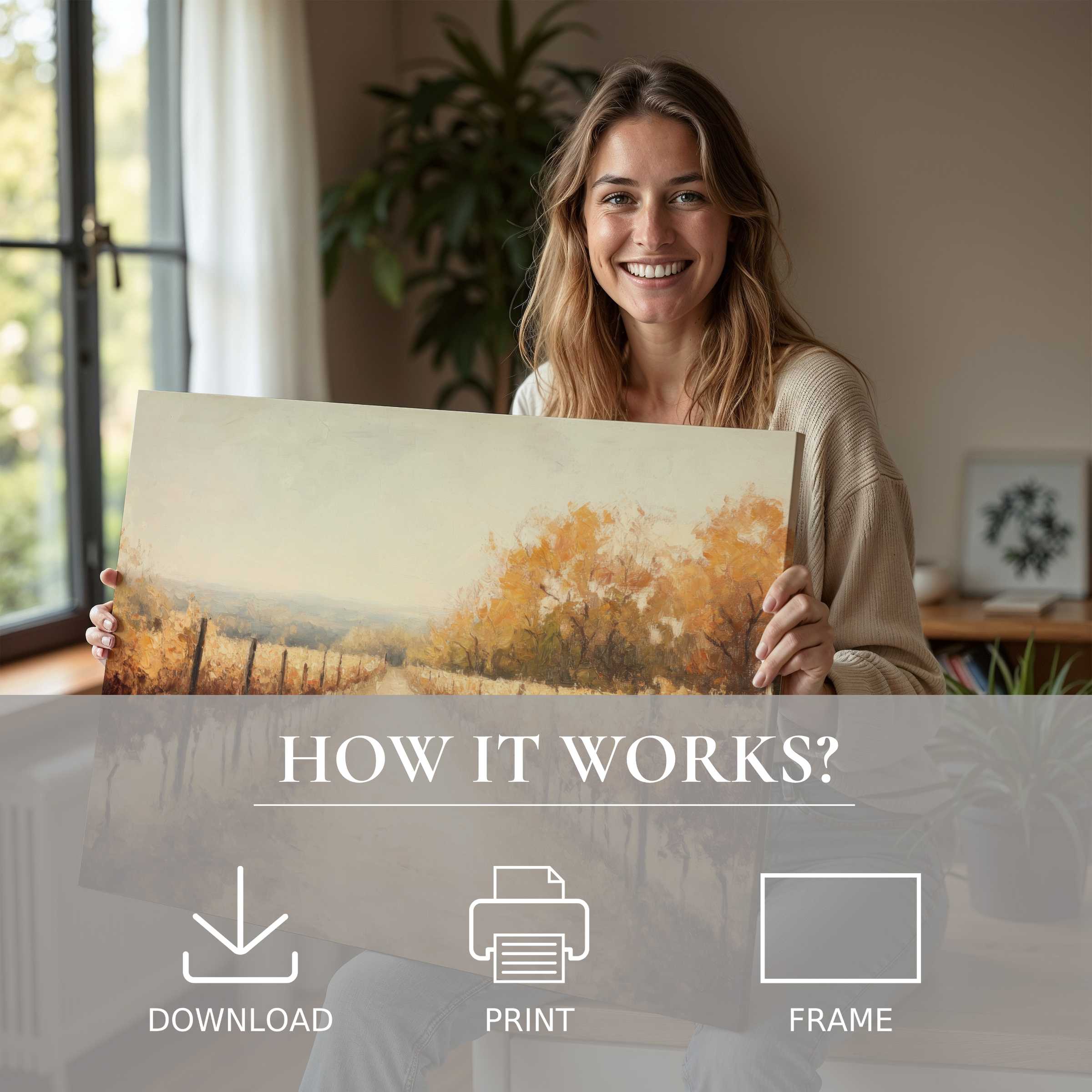 Bright autumn hues come alive in this fall digital art print, inspiring serene joy and effortless elegance in modern living