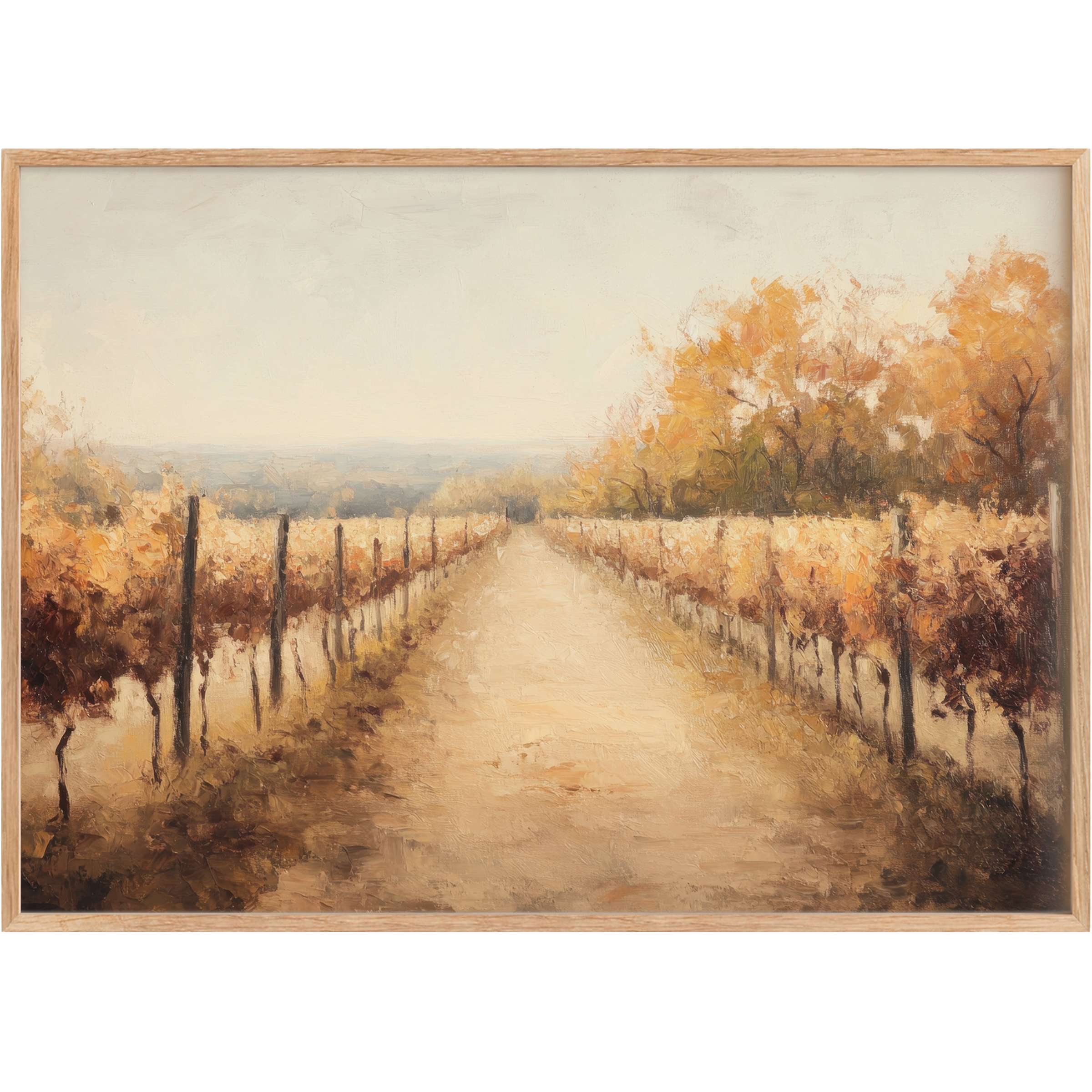 Golden hues and soft earth tones evoke a tranquil, radiant vineyard scene, perfect fall printable wall art to enrich elegant interiors