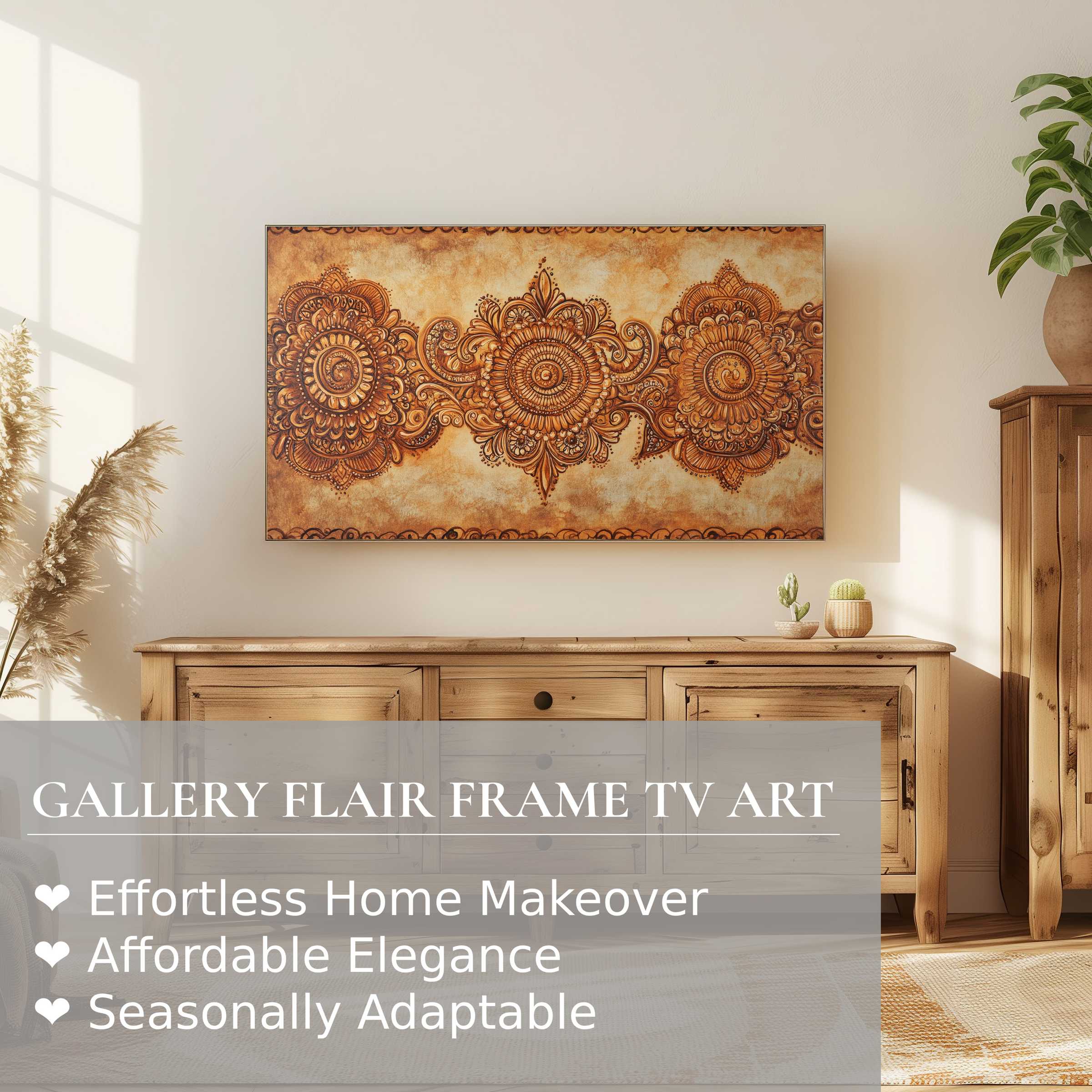 Samsung Frame TV displaying boho digital artwork in warm earthy tones, enhancing a cozy, elegant living space