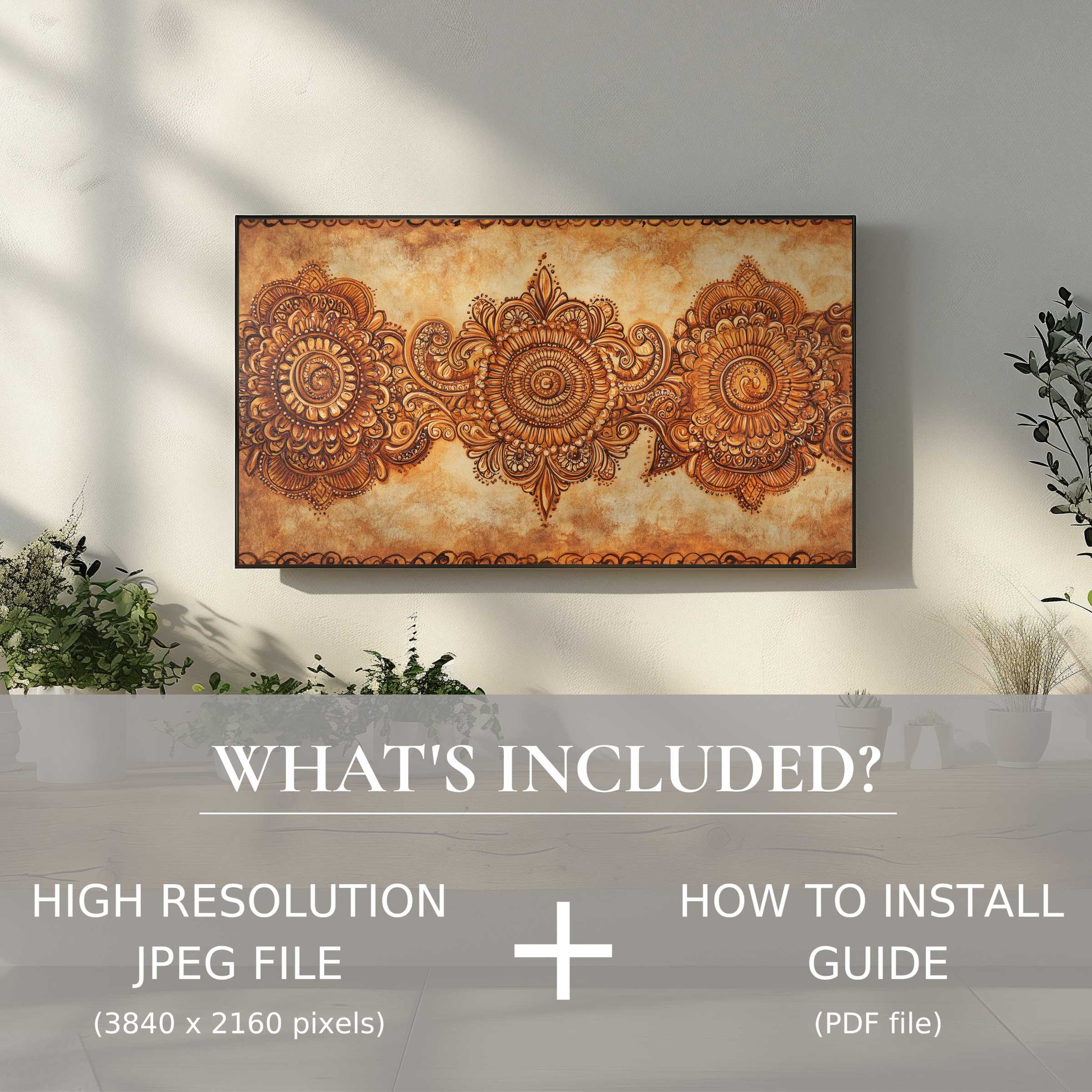 Elegant boho digital TV art download with intricate design, easy digital use, enhancing any stylish living space