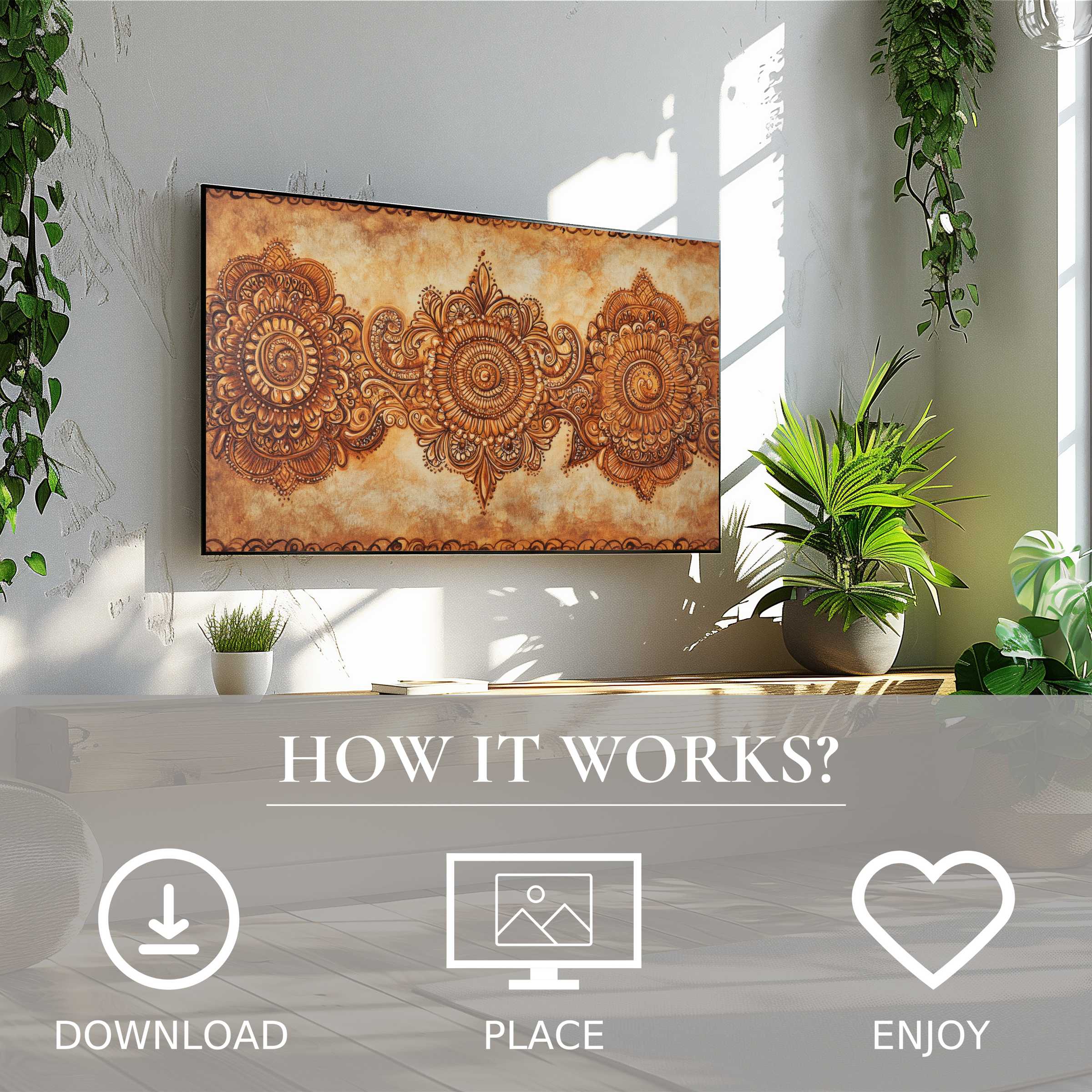 Boho art for Samsung TV with digital download; warm earthy mandala motif enriches modern, plant-filled living space