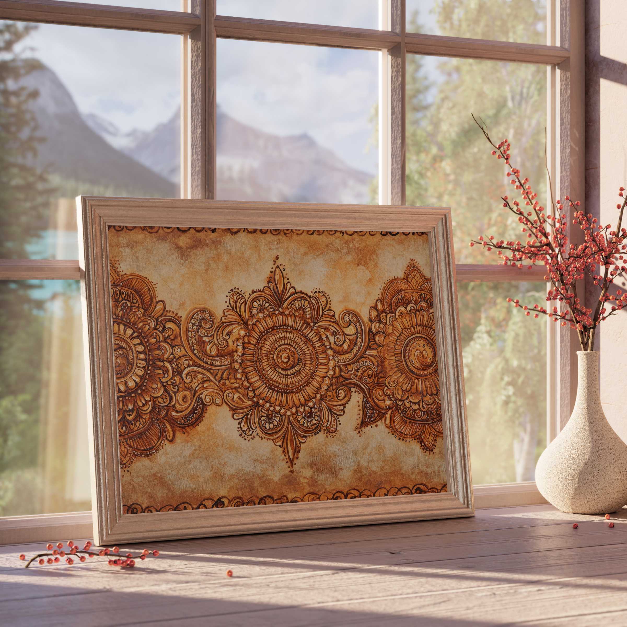 Boho downloadable art with intricate mandala motifs in warm terracotta hues, elevating serene, curated interiors with earthy elegance