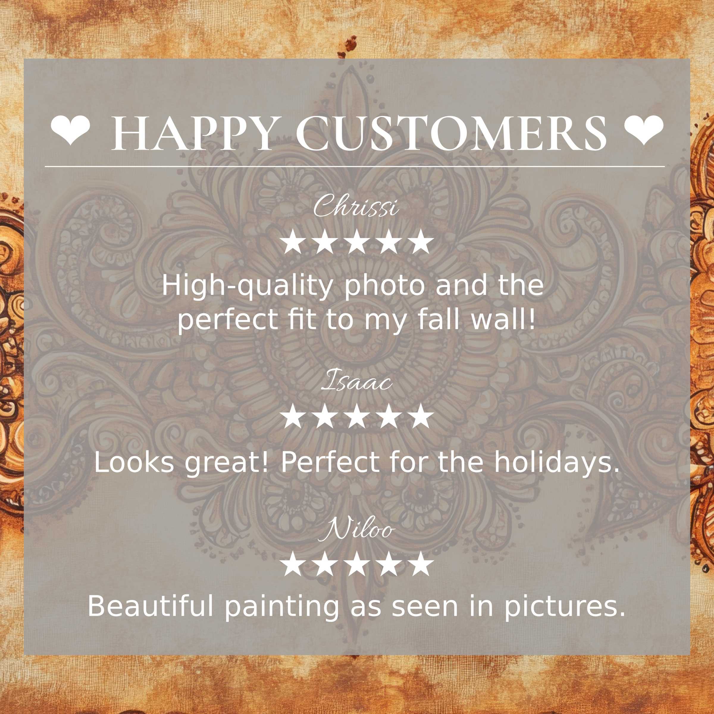 Boho art for Frame TV with abstract sunset hues; happy customer reviews highlight trust and elegant aesthetic