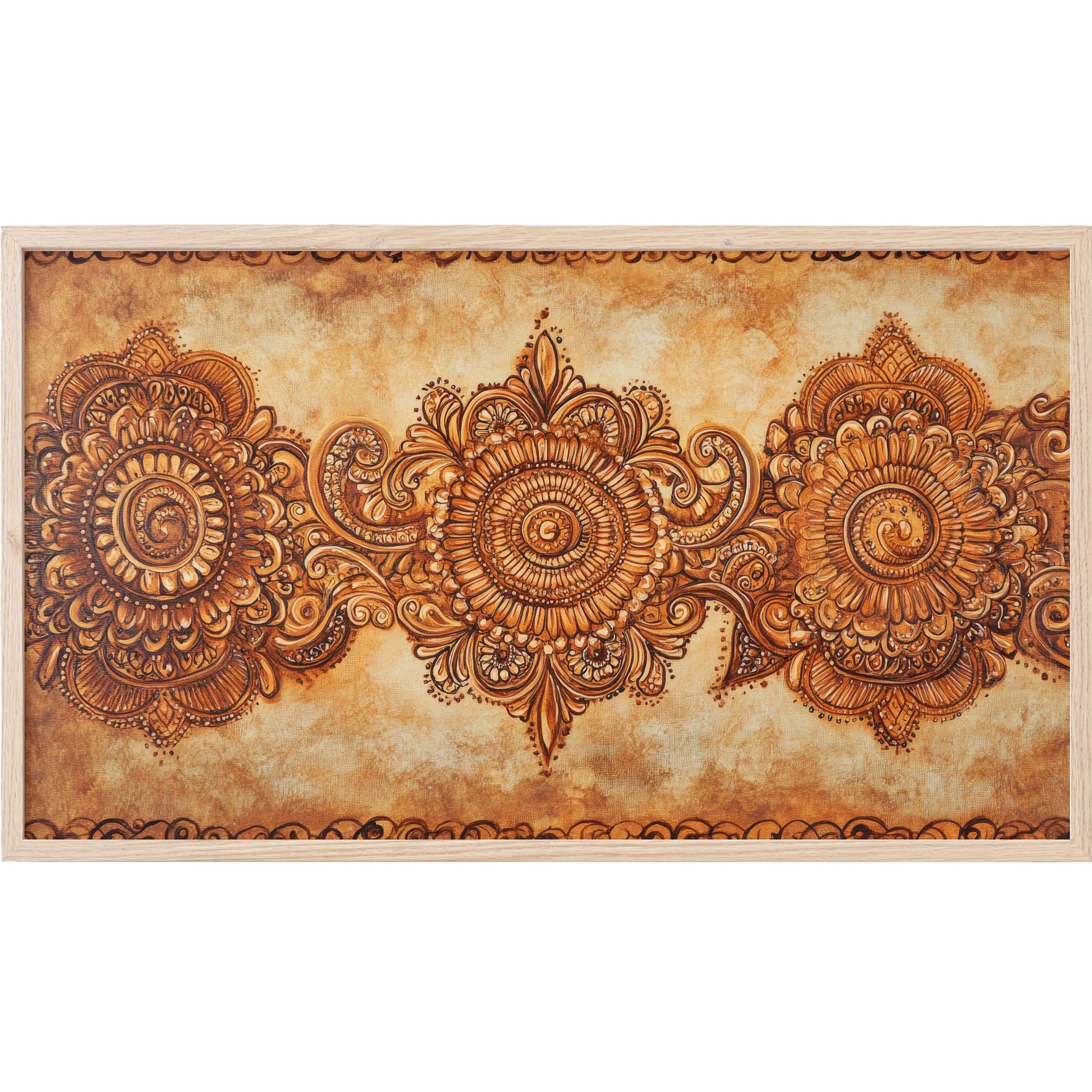 Boho Frame TV Art with intricate burnt orange mandala patterns on warm, textured beige background, elegant and earthy