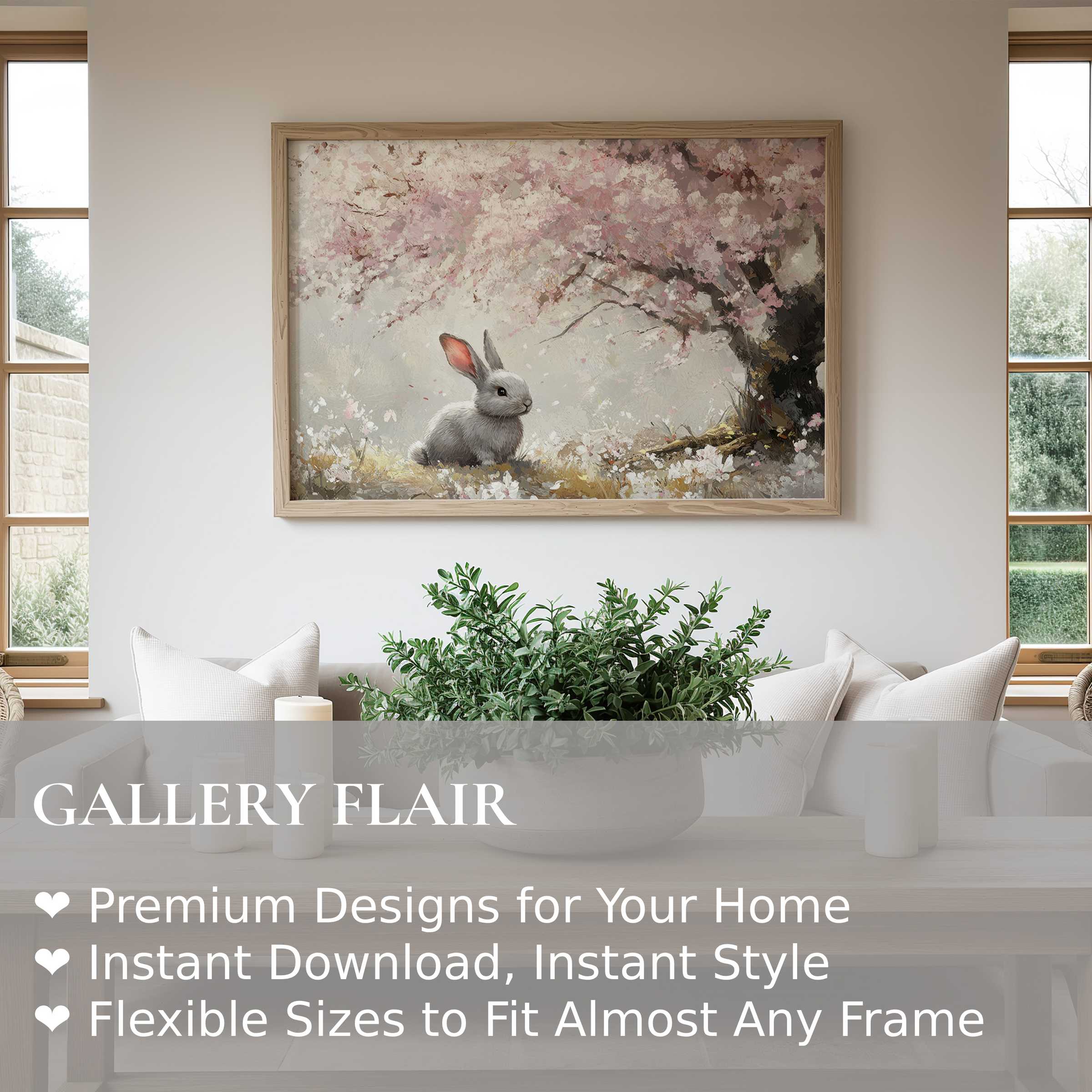 Easter wall art print featuring a serene rabbit beneath soft pink blossoms, enhancing modern minimalist living spaces with calming elegance