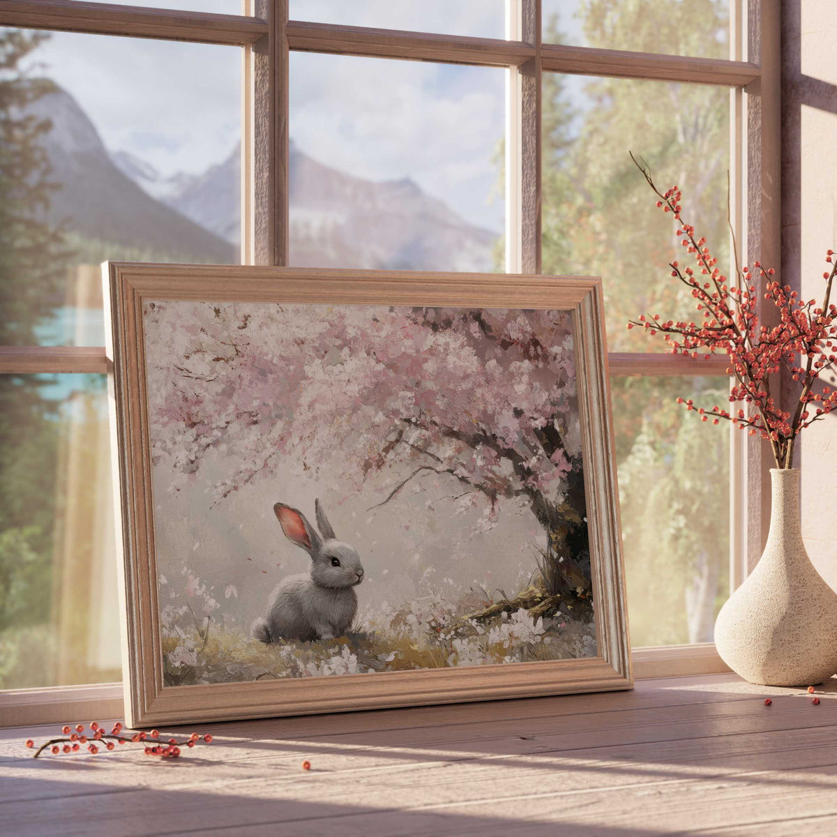 Easter downloadable art capturing a serene bunny beneath blooming cherry blossoms, elevating tranquil, refined interiors