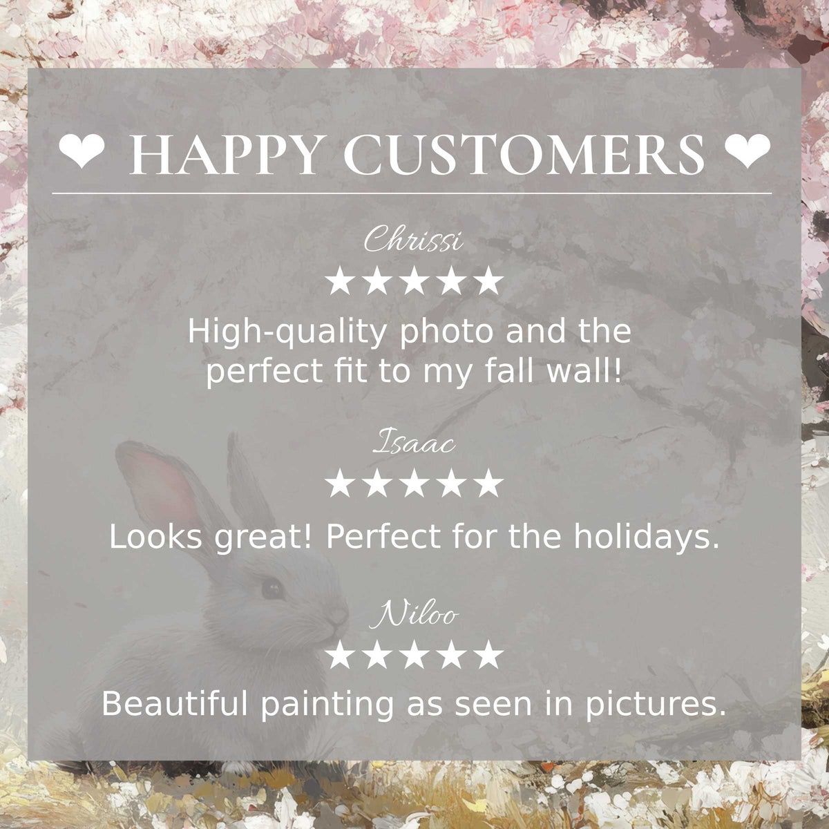 Elegant easter art for Frame TV with soft floral and rabbit hues, showcasing happy customer reviews for trusted style