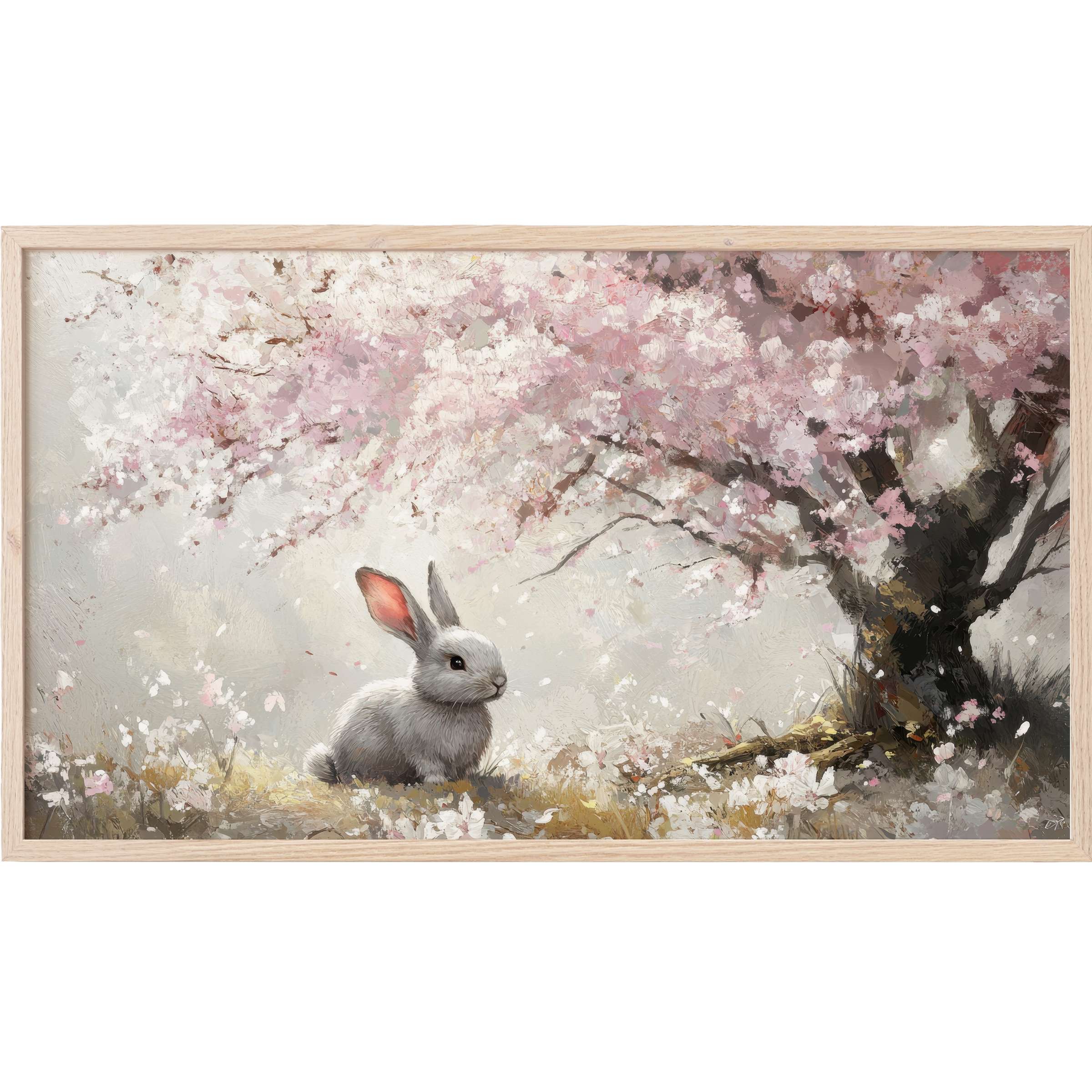 Elegant easter Frame TV Art with a soft gray rabbit beneath a blooming pink cherry tree in an impressionist style