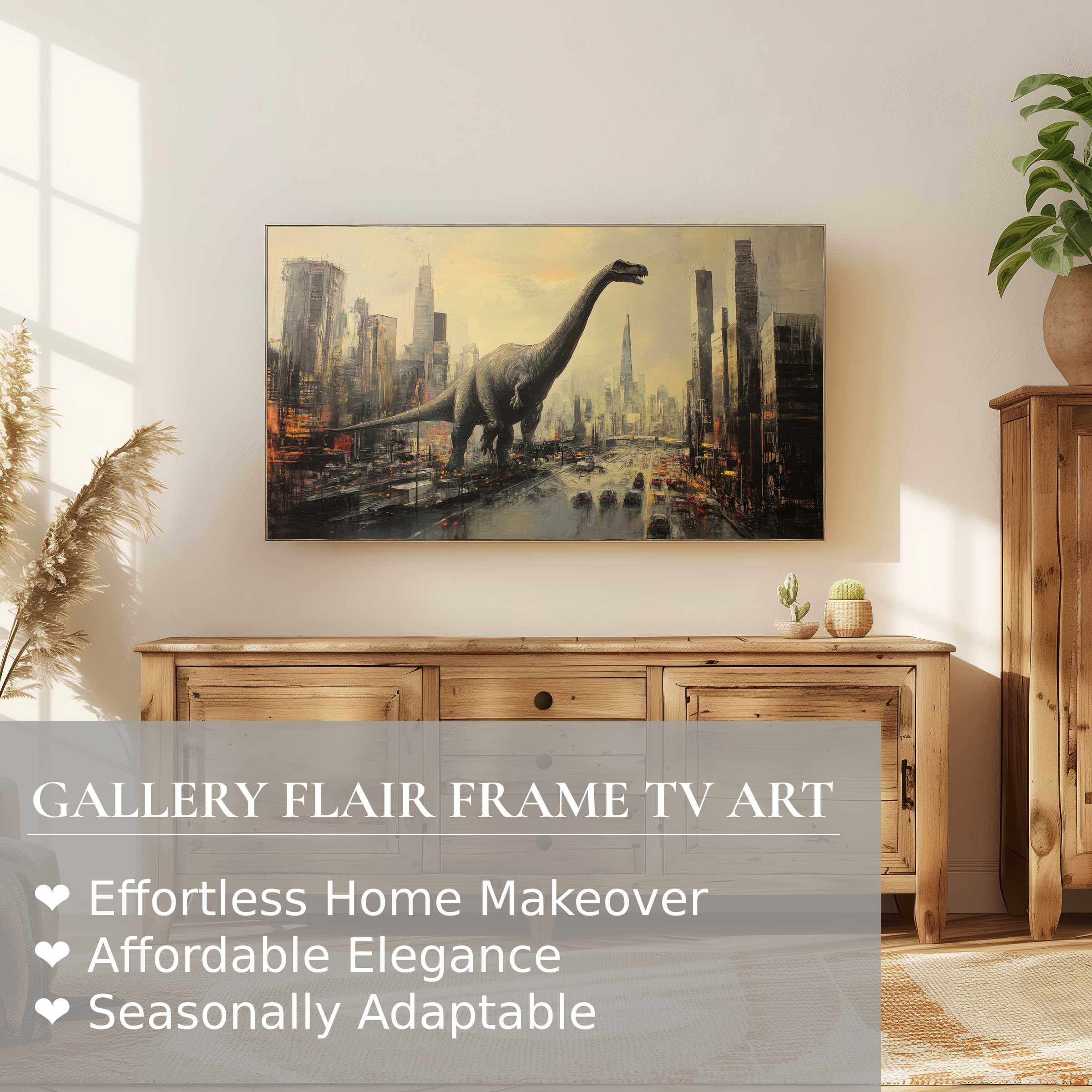 Samsung Frame TV displaying street art digital artwork of a dinosaur in a modern cityscape, sleek and stylish