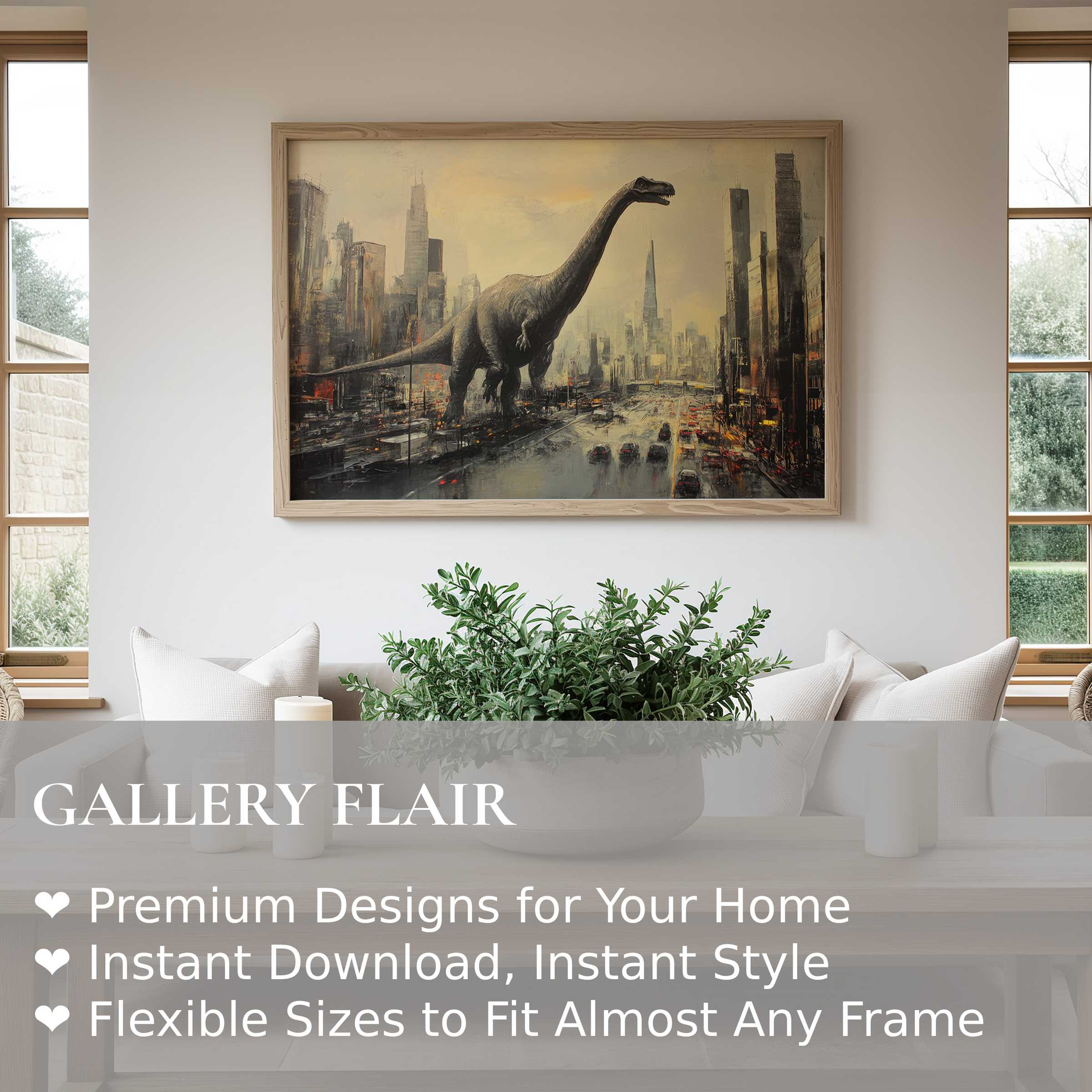 Bold street art wall art print depicting a majestic dinosaur towering over a misty urban skyline, adding dramatic flair to modern minimalist interiors