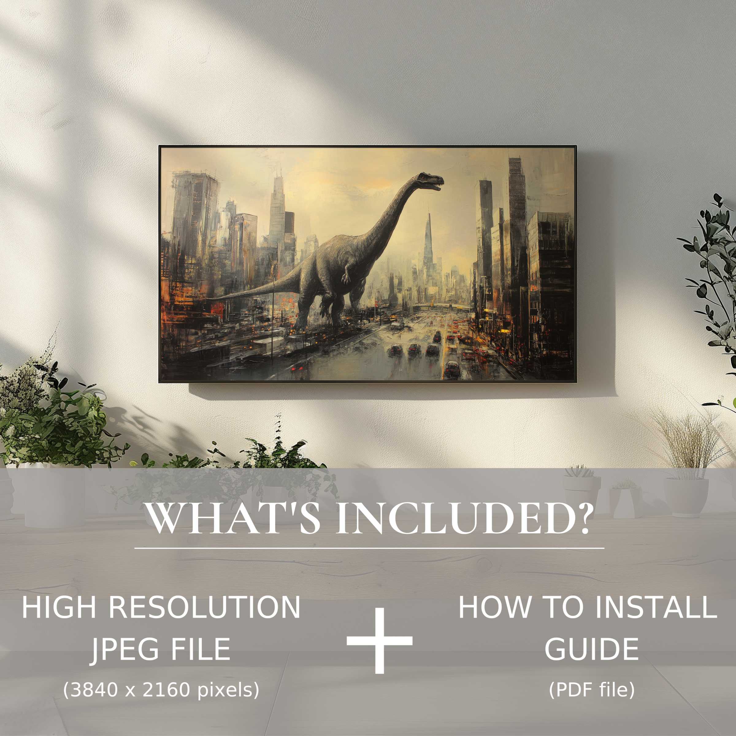 Modern street art digital TV art download features a bold city dinosaur scene, easy digital use to elevate your space